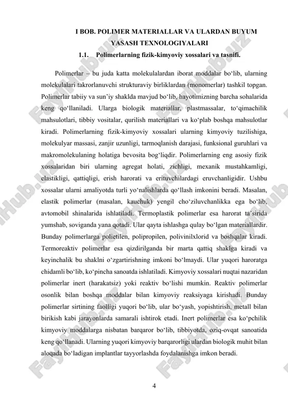 shgan bo‘ladi. blokli kopolimerlarda esa bir xil monomerlar blok holatida, ya’ni bir necha marta takrorlangan holatda joylashadi. alternirlangan kopolimerlarda esa monomerlar qat’iy ketma-ketlikda almashib keladi. polimerlar amorf yoki kristall holatda bo‘lishi mumkin. amorf polimerlar tartibsiz zanjir tuzilmasiga ega bo‘lib, ularning optik xossalari shaffof bo‘ladi. kristall polimerlarda esa makromolekula zanjirlari muayyan tartibda joylashgan bo‘ladi, bu esa ularga mexanik va termik jihatdan yuqori mustahkamlik beradi. ko‘plab polimerlar esa yarim amorf yoki yarim kristall holatda bo‘ladi, ya’ni ularning tuzilmasida ham amorf, ham kristall sohalar mavjud. polimerlarning yana bir muhim xossasi bu ularning eruvchanlik darajasidir. ba’zi polimerlar ma’lum erituvchilarda oson eriydi, boshqalari esa faqat yuqori haroratda yoki maxsus erituvchilarda eriydi. eruvchanlik darajasi polimerning molekulyar massasiga, polar yoki no-polarligiga va makromolekula zanjiri qattiqligiga bog‘liq. yuqori molekulyar massali polimerlar ko‘pincha erituvchilarda erimaydi, balki shishadi yoki jel hosil qiladi. issiqlikka nisbatan munosabati ham muhim fizik xossalardan biridir. ba’zi polimerlar past haroratda mo‘rtlashadi, yuqori haroratda esa yumshaydi yoki …