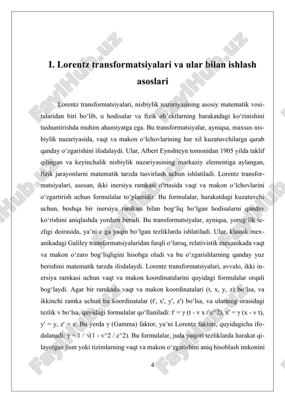 kvant maydonlarida, zarralar tezligi yorug‘lik tezligiga yaqinlashganda, ularning massasi va impulsining qanday o‘zgarishi, lorentz transformatsiyalari yordamida aniqlanadi. shuningdek, bu transformatsiyalar, katta masofalar va yuqori energiyali jarayonlarni modellashtirish uchun muhimdir. xulosa qilib aytganda, lorentz transformatsiyalari, nisbiylik nazariyasida, vaqt va makon o‘lchovlarining harakatdagi kuzatuvchi uchun qanday o‘zgarishini matematik tarzda aniqlaydigan asosiy vositadir. ular, fizik qonunlarning invariantsini saqlab qolish orqali, yuqori tezlikda harakat qilayotgan jism va tizimlarning dinamikasini tushunish va modellash imkonini beradi. bu transformatsiyalar, nafaqat nazariy fizika uchun, balki amaliy texnologiyalar, koinotshunoslik va kvant texnologiyalarining rivojlanishida ham muhim o‘rin tutadi. bu orqali, ilm-fan jamoatchiligi, yuqori energiyali jarayonlarni va kosmik ob’ektlar harakatini aniqroq tushuna oladi, shuningdek, yangi texnologik innovatsiyalar uchun asos yaratadi. relativistik fizikaning eng muhim elementlaridan biri bu — lorentz transformatsiyalaridir. ular maxsus nisbiylik nazariyasining asosiy poydevorini tashkil etadi va harakatlanuvchi inertsial sohalar orasidagi vaqt va makon koordinatalarining qanday o‘zgarishini aniqlab beradi. lorentz transformatsiyalari orqali yuqori tezlikdagi harakatlarni tahlil qilish, hodisalarni turli …