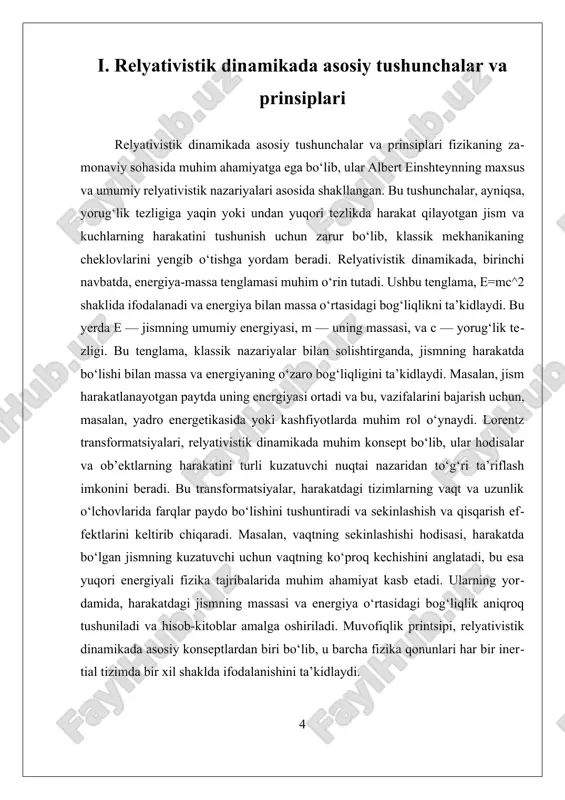 shiga turtki bo‘lmoqda. shuningdek, relyativistik dinamikani chuqur tushunish uchun, eksperimental va nazariy tadqiqotlar doimiy ravishda olib borilmoqda, bu esa, yuqori energiyali fizika sohasida yangi yutuqlarga olib kelmoqda. xulosa qilib aytganda, relyativistik dinamikada asosiy tushunchalar va prinsiplari, fizikaning fundamental qonunlarini yanada kengroq va to‘liqroq anglashga yordam beradigan muhim vositadir. bu tushunchalar, zamonaviy fizika fanining rivojlanishida, texnologik yutuqlar va ilmiy kashfiyotlarning asosiy poydevorini tashkil etadi. ular yordamida, yuqori tezlikdagi harakatlarni aniqroq model qilish va yangi fizika qonunlarini kashf etish imkoniyati yaratiladi, bu esa, o‘z navbatida, inson tafakkuri va ilmiy taraqqiyot uchun muhim qadamdir. relyativistik dinamika – bu katta tezliklarda jismlarning harakati qanday o‘zgarishini o‘rganuvchi fizikaning bo‘limidir. odatda klassik mexanika yerdagi oddiy harakatlarni tushuntirish uchun yetarli bo‘ladi. biroq, agar jism juda katta tezlikda – yorug‘lik tezligiga yaqin harakat qilsa, unda klassik qonunlar o‘z kuchini yo‘qotadi. mana shunday sharoitlarda relyativistik dinamika nazariyasi ishga tushadi. bu nazariyaning eng asosiy tamoyillaridan biri – nisbiylik printsipi bo‘lib, …
