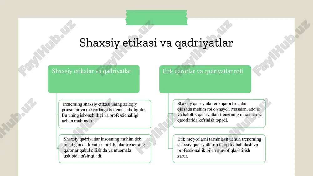 ishonchliligini oshiradi. etik normalarga rioya qilish jarayonni mustahkamlab, professional rivojlanishga yordam beradi. mijoz bilan ochiq va halol munosabatlar, muvaffaqiyatli trening uchun asosiy shartdir. etik normalar va professionallik trening sifatini belgilaydi. ularni amalga oshirish — trening natijasini kuchaytiradi va trenerning ishonchliligini oshiradi. amaliy strategiyalar bilan etik talablarga rioya qilish muhim. xulosa foydalanilgan adabiyotlar 1. o‘zbekiston respublikasi psixologlar assotsiatsiyasi. psixologik treninglar va etik me'yorlar. toshkent, 2020. 2. islomov, a. psixologik trening va etik normalar. o‘zbekiston davlat universiteti nashriyoti, 2019. 3. karimov, b. psixologik treningda maxfiylik va etik talablarga rioya qilish. psixologiya jurnali, 2021, 15(3), 45-52. 4. tursunov, s. psixologik trening va shaxsiy etik qadriyatlar. toshkent, 2018. 5. mustafaev, q. psixologik treningda etik normalar va professionallik. o‘zbekiston psixologlar assotsiatsiyasi, 2022. e'tiboringiz uchun rahmat! designed by slides carnival image1.png image2.png image3.png image4.png image5.png image23.jpg image6.jpg image7.png image17.png image18.jpg image19.jpg image20.png image21.png image22.png