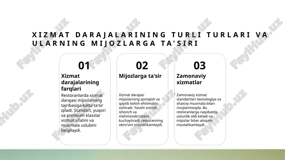 g'liqlik chuqur tarixga ega. an'anaviy taomlar va mehmondo'stlik odatlari xizmat sifatini belgilaydi. xizmat madaniyatining rivojlanishi mahalliy odatlar va zamonaviy standartlar uyg'unligi, restoranlarda mijozlarga e'tibor va hurmat bilan xizmat ko'rsatishni ta'minlaydi. bu, gastronomik va madaniy muvozanatni saqlashda muhimdir. gastronomik va madaniy aloqalar o'zbekiston restoranlarida taomlar va xizmat odatlari o'rtasidagi bog'liqlik, milliy an'analar bilan zamonaviy xizmatni birlashtiradi. bu esa, mehmondo'stlik madaniyatini rivojlantiradi. turli restoran turlarining madaniy va gastronomik ta'siri: zamonaviy va an'anaviy qarashlar. o'ziga xos madaniyat har bir restoran turi o'zining madaniy va gastronomik an'analariga asoslangan bo'lib, ular mahalliy va xalqaro taomlar bilan boyitiladi, milliy odatlarga mos keladi. zamonaviy va an'anaviy ta'sir zamonaviy restoranlar innovatsiyalar bilan an'anaviy taomlarni birlashtiradi, bu esa gastronomik tajribani kengaytiradi hamda madaniyatlararo muvozanatni ta'minlaydi. xizmat va madaniyat aloqasi restoranlar xizmat darajasi va madaniy qadriyatlar bilan bog'liq bo'lib, ular mijozlarga mehribonlik, hurmat va milliy odatlarni namoyish etadi. gastronomik boyliklar har bir restoran turi o'zining gastronomik merosini saqlab, mahalliy ingredientlar …