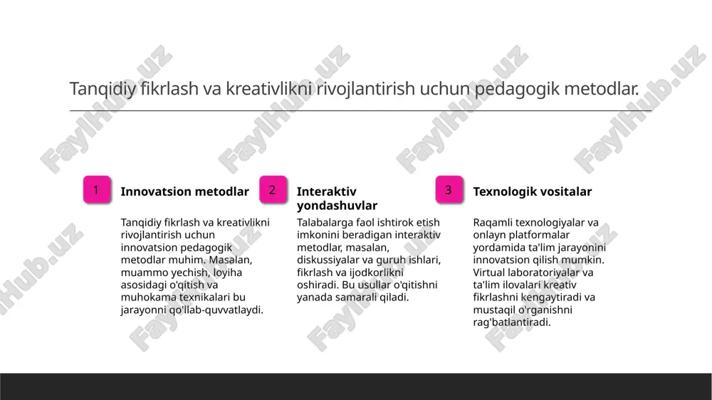 valar yordamida ta'lim jarayoni onlayn va masofadan amalga oshiriladi. bu, ta'limni kengroq auditoriyaga vaqti va joyidan qat'iy nazar yetkazishga imkon beradi. virtual haqiqat, simulyatsiyalar va interaktiv dasturlar orqali o'quvchilarga real hayotga yaqin muhitlar taqdim etiladi. bu, tanqidiy fikrlash va kreativlikni rivojlantirishda muhim rol o'ynaydi. talabalarda mustaqil fikrlash va muammoni hal qilish ko'nikmalarini rivojlantirish 1 mustaqil fikrlash rivoji - talabalarda mustaqil fikrlash ularni muammolarni mustaqil tahlil qilish va qaror qabul qilish qobiliyatini oshiradi, bu esa ularning akademik va amaliy hayotdagi muvaffaqiyatlarini ta'minlaydi. 2 muammo hal qilish qobiliyati - muammoni hal qilish ko'nikmalari shaxslarning kreativ va kritikal yondashuvlarini rivojlantiradi, murakkab vaziyatlarda samarali strategiyalar ishlab chiqishga yordam beradi. 3 innovatsion yondashuvlar - innovatsion metodlar va interaktiv mashg'ulotlar talabalarning fikrlash jarayonini faollashtiradi, ularni mustaqil fikrlash va muammo yechishga tayyorlaydi. kreativ yondashuvlarning natijalari va ta'lim jarayoniga ta'siri 01 yangi fikrlash imkoniyatlari kreativ yondashuvlar talabalarga yangi fikrlash usullarini rivojlantiradi, muammolarni innovatsion tarzda hal qilishga yordam beradi. …