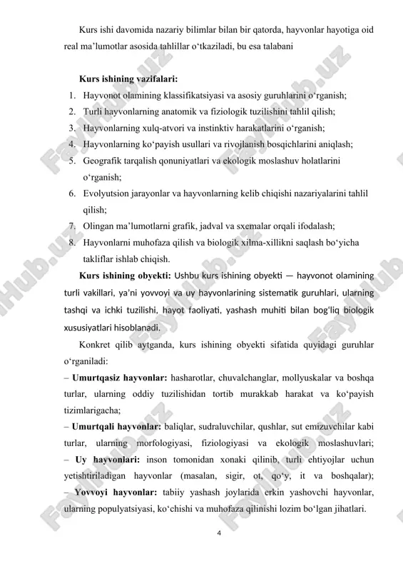 todlar hamda zamonaviy ilmiy manbalardan foydalanilgan. kurs ishining amaliy ahamiyati: mazkur kurs ishi orqali talabalar hayvonot olamining xilma-xilligi, ularning hayotiy jarayonlari, ekologik roli va evolyutsion taraqqiyotiga oid zarur nazariy va amaliy bilimlarga ega bo‘ladilar. ushbu bilimlar tabiatni muhofaza qilish, ekologik monitoring va biologik resurslardan oqilona foydalanish jarayonlarida foydali bo‘lishi mumkin. kurs ishining tarkibiy tuzilishi va hajmi: mazkur kurs ishi kirish, ikki bob, sakkiz bo‘lim, xulosalar va foydalanilgan adabiyotlar ro‘yxatidan tashkil topgan. i.bob. hayvonot olamining xilma-xilligi va tasnifi 1.1. hayvonot olamining xilma-xilligi va sistematik guruhlarga bo‘linishi. tabiatning ajralmas bir qismi bo‘lgan hayvonot olami insoniyat uchun qadim zamonlardan beri ilmiy, iqtisodiy va estetik ahamiyat kasb etib kelgan. hayvonlar yer yuzida juda katta xilma-xillikda uchraydi. ular o‘z tuzilishi, yashash muhiti, ko‘payish usuli va ekologik roli bilan bir-biridan farqlanadi. hozirgi zamonaviy biologiya yutuqlari, ayniqsa genetika, molekulyar biologiya, ekologiya va informatika bilan bog‘liq yondashuvlar hayvonot olamining tuzilishini chuqurroq o‘rganishga yordam bermoqda. hayvonlar dunyosi nafaqat tashqi …