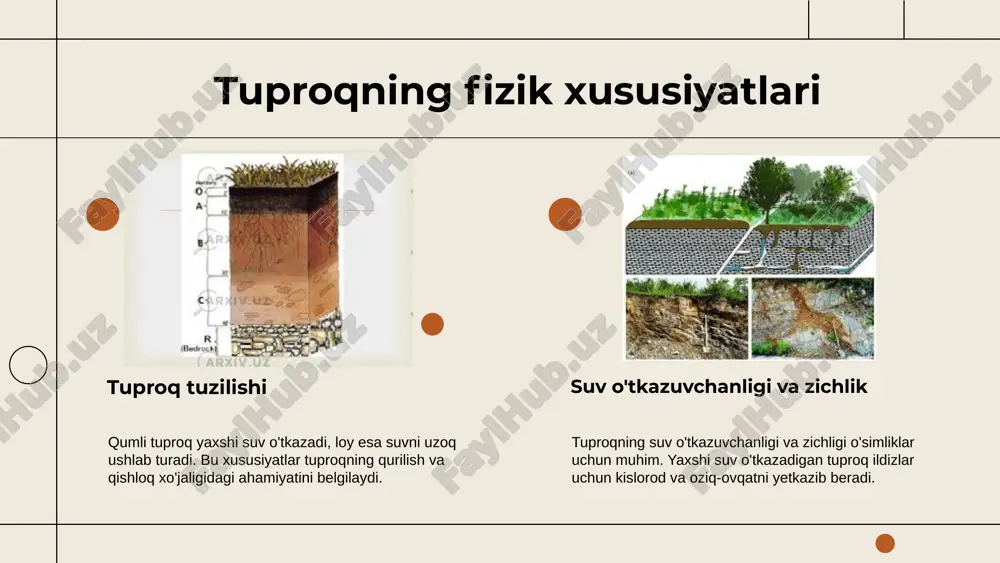r. biologik muhofaza, jumladan, tuproq mikroorganizmlari va mycorrhiza, tuproqning mineralizatsiya jarayonini qo'llab-quvvatlaydi. zamonaviy texnologiyalar, masalan, dronlar va sun'iy intellekt, tuproq monitoringi va muhofaza qilishda yangi imkoniyatlar yaratmoqda. 1 2 davlat dasturlari va qonunchilik muhofaza uchun asos. boshqaruv zaifligi va moliyaviy cheklovlar. xalqaro tajriba va texnologiyalarni joriy etish. iqlim o'zgarishi va noto'g'ri boshqarish muammo. davlat tomonidan ishlab chiqilgan dasturlar va qonunchilik tuproqni muhofaza qilish uchun asosiy turtki bo'lib xizmat qiladi. boshqaruvdagi zaifliklar va moliyaviy resurslarning cheklanganligi muhofaza qilish choralarini kengaytirishga to'sqinlik qilmoqda. xalqaro tajribalar va texnologiyalarni joriy etish, hamkorlik va muhim loyihalarni amalga oshirish imkoniyatlari mavjud. iqlim o'zgarishi va resurslarni noto'g'ri boshqarish ekologik muhitga jiddiy tahdid solmoqda. s w o t xulosa tuproqning tabiiy xususiyatlari uning ekologik va iqtisodiy ahamiyatini belgilaydi. kimyoviy va fizik xususiyatlar tuproq unumdorligiga ta'sir qiladi, bu esa oziq-ovqat xavfsizligi uchun muhimdir. tuproqni saqlash va muhofaza qilish ekologik barqarorlikni ta'minlashda muhimdir. erni muhofaza qilish, qoplamalarni tiklash va agrotexnologiyalarni …