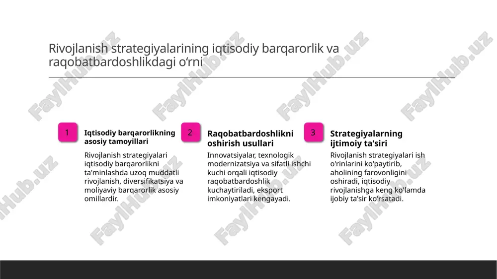 strategik hamkorlikni rivojlantirib, mintaqaviy barqarorlik va iqtisodiy o'sishga xizmat qiladi. 3 yangi imkoniyatlar o'zbekistonning diplomatik yutuqlari xalqaro tashkilotlar va investitsiyalar uchun yangi imkoniyatlar yaratib, mamlakatning rivojlanish yo'lini kengaytirdi. xulosa 1 iqtisodiy islohotlar va strategik rivojlanish mirziyoyevning iqtisodiy islohotlari ochiqbozlik, raqobat va innovatsiyalar tamoyillariga asoslanib, mamlakat iqtisodiy samaradorligini oshirdi va rivojlantirdi. 2 madaniyat va ta'lim bilan milliy identitetni kuchaytirish madaniyat va ta'lim siyosati yoshlarni milliy g‘urur va vatanparvarlik ruhida tarbiyalashda muhim rol o‘ynaydi, milliy ongni kengaytiradi va mustahkamlaydi. 3 tashqi siyosat va mintaqaviy hamkorlikdagi yutuqlar mirziyoyevning tashqi siyosat strategiyalari mintaqaviy barqarorlikni ta'minlab, xalqaro hamkorlikni rivojlantirish orqali o‘zbekistonning dunyo maydonidagi o‘rnini mustahkamladi. foydalanilgan adabiyotlar 1. o'zbekiston respublikasi prezidenti shavkat mirziyoyev. iqtisodiy islohotlar va rivojlanish strategiyalari. o'zbekiston milliy ensiklopediyasi, 2022. 2. islomov a. madaniyat, ta'lim va modernizatsiya jarayonlari. toshkent: o'zbekiston davlat tarixi muzeyi, 2021. 3. mustafaeva d. hududiy hamkorlik va tashqi siyosatdagi yutuqlar. xalqaro munosabatlar va diplomatiya, 2023. 4. qodirova s. o'zbekistonning rivojlanish …