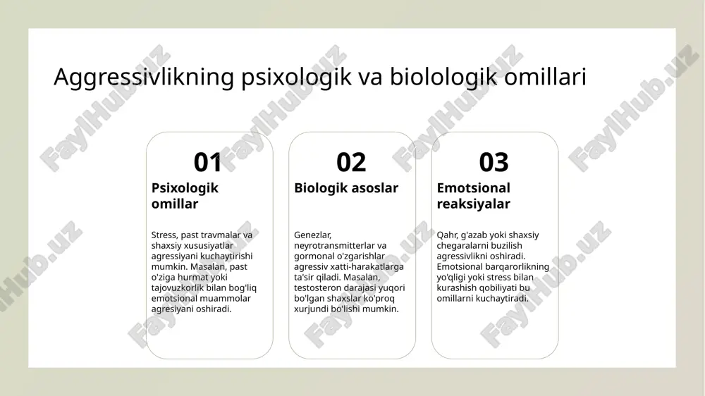 er asosida agressivlikning namoyon bo'lishi 01 jinsiy rollar va agressiya jinsiy rollar agressiyani namoyon qilishda muhim rol o'ynaydi. erkaklar ko'pincha kuchli va dominanta bo'lishi, ayollar esa odatda mehribonlik va pasaytirish bilan bog'liq. 02 madaniy normalar va stereotiplar uzbek jamiyatida erkaklar va ayollarga nisbatan an'anaviy stereotiplar agressivlik shakllarini belgilaydi. erkaklar ko'proq jismoniy va yozma agressiyani ko'rsatishadi. 03 gender rollarining agressiyaga ta'siri gender rollari agressiyani boshqarish va namoyon bo'lish usullariga ta'sir qiladi. erkaklar ko'proq agressiv xatti-harakatlarni qabul qilinadi, ayollar esa odatda ichki muammolarni yashirishadi. mahalliy urf-odatlar va madaniy normalar bilan agressivlik muvozanati 1 mahalliy urf-odatlar va agressiya o'zbek madaniyatida urf-odatlar va an'analarning agressivlik bilan muvozanati muhim. ba'zan, murosa yoki hurmatni saqlash uchun agressiv xatti-harakatlar qabul qilinadi. 2 madaniy normalar va qabul qilish o'zbek jamiyatida normalar, odatda, murosa va odob-axloqni rivojlantiradi. ba'zi holatlarda, qat'iylik va o'z-o'zini himoya agresivlikni oshirishi mumkin. 3 ijtimoiy rollar va muvozanat mahalliy urf-odatlar shaxslararo munosabatlarda muvozanatni saqlashga yordam beradi. …