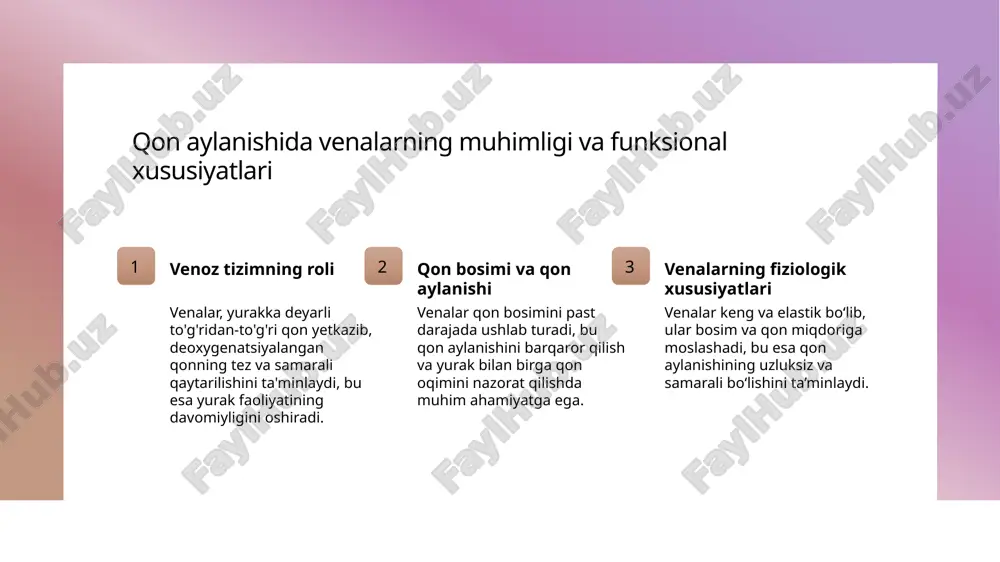shga yordam beradi. bu jarayon yurak-qon tomir kasalliklarining oldini oladi. venoz tizimdagi o‘ziga xos patologik holatlar va ularning qon aylanishiga ta’siri 1 venoz patologiyalar - venoz tizimda keng tarqalgan patologiyalar orasida varikozlar, trombozlar va venoz shishlar mavjud bo'lib, ular qon aylanishining buzilishiga va yurak kasalliklariga olib kelishi mumkin. 2 venoz qon aylanishining buzilishi - bu holatlar qon bosimi o'zgarishlariga, qon aylanishining sekinlashishiga va organizmda turli patologik jarayonlarning rivojlanishiga sabab bo'lib, sog'liq uchun xavf tug'diradi. 3 patologik holatlar va profilaktika - venoz tizimdagi muammolarni aniqlash va oldini olish uchun muntazam tekshiruvlar, sog'lom turmush tarzini saqlash va zamonaviy davolash usullaridan foydalanish muhimdir. venoz tizimdagi muammolar: simptomlar, sabablari va diagnostik usullar 1 qon aylanishining buzilishi venoz tizimdagi muammolar odatda qon aylanishining sekinlashishi yoki to‘xtashiga olib keladi. bu, odatda, qon qotib qolishi yoki venalarning shishishi bilan bog‘liq bo‘lishi mumkin. 2 simptomlar va belgilari asosiy simptomlar orasida oyoqlarda shish, og‘riq, qattiqlik va ko‘pincha rang o‘zgarishi …