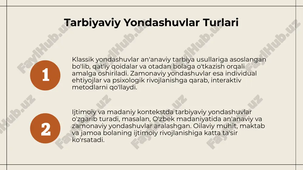 hida asosiy rol o'ynaydi. bu jarayon bolalarning shaxsiy rivojlanishiga ta'sir qiladi. tarbiyaviy yondashuvlarning ta'siri va muhitdagi rivojlanish zamonaviy pedagogik yondashuvlar va texnologiyalar ota-onalarga bolalar bilan munosabatlarni rivojlantirishda yordam beradi. bu usullar orqali bolalarning ijtimoiy ko'nikmalari mustahkamlanadi va muhitga moslashuvi yaxshilanadi. amaliy usullar va jamiyatdagi mas'uliyat amaliy tarbiyaviy usullar bilan ota-onalar va jamiyat ijtimoiy mas'uliyatni oshiradi. bu, kelajak avlodlarning muvozanatli va mas'uliyatli shaxslar bo‘lib yetishishi uchun muhimdir. foydalanilgan adabiyotlar 1. amirbekova, m. (2018). ota-onaning bolalarni tarbiyalashda roli. o'zbekiston pedagogika jurnali, 5(2), 45-50. 2. karimova, d. (2020). zamonaviy jamiyatda ota-onaning ijtimoiylashuvi va tarbiya usullari. toshkent davlat universiteti nashri. 3. malikov, a. (2019). bolalar tarbiyasida amaliy tarbiyaviy usullar va ularning zamonaviy muhitda qo‘llanilishi. pedagogika va psixologiya, 7(3), 112-119. 4. rahimov, j. (2021). ota-onaning ijtimoiy muhitdagi roli va tarbiyaviy yondashuvlar. o‘zbekiston tarbiya va madaniyat, 4(1), 23-30. 5. yusufova, s. (2017). bolalarda ijtimoiylashuv jarayonini rivojlantirishda ota-onaning mas'uliyati. o'zbekiston milliy universiteti nashri. e'tiboringiz uchun rahmat! image7.png …