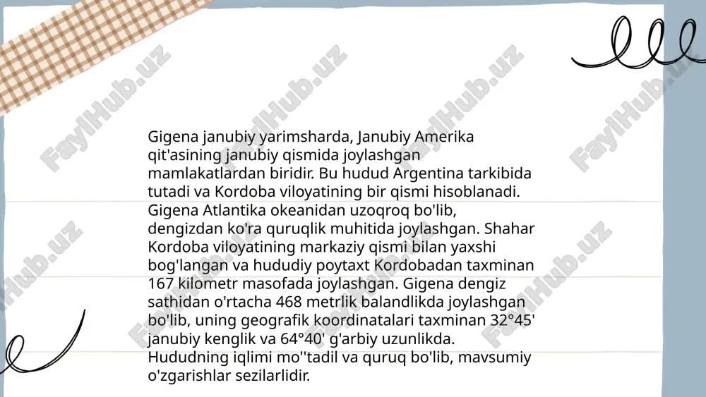 n iborat. daryo uzunligi 150 km, asosiy tabiiy resurslari temir rudasi, ko'mir va yog'ochdir. energiya ishlab chiqarishda gidroenergiya ulushi 30% ni tashkil qiladi. urta yillik quyosh nuri 1600 soat. ... t.me/slaydai_bot 10. gigenaning ta'lim tizimi gigenaning ta'lim tizimi zamonaviy o‘qitish texnologiyalaridan biri bo‘lib, matematik model, algoritmlar va sun’iy intellekt yordami bilan ma’lumotlarni tahlil qilishga qaratilgan. ushbu tizim 1990-yillardan boshlab rivojlanib kelmoqda. bugungi kunda 2 milliarddan ortiq talaba gigital ta'lim resurslaridan foydalanmoqda. o‘qituvchilar va talabalarning 75% onlayn ta’lim platformalariga ijobiy baho berishadi. gigenaning ta'lim platformalari 120 million foydalanuvchiga xizmat ko‘rsatadi. 70% ta'lim muassasalari raqamli texnologiyalarni o‘z o‘quv rejasiga kiritgan. gigenaning vositalari orqali o‘quv sifatini 30% oshirish mumkinligi tadqiqotlarda qayd etilgan. ... t.me/slaydai_bot oʻzbekistonning milliy bayramlari xalqning tarixi va madaniyatini aks ettiradi. 14-yanvar – vatan himoyachilari kuni, 8-mart – xotin-qizlar kuni, 21-mart – navroʻz bayrami, 9-may – xotira va qadrlash kuni, 1-sentabr – mustaqillik kuni va 1-oktabr – oʻqituvchi va murabbiylar kuni …