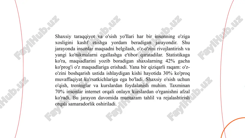 fic, measurable, achievable, relevant, time-bound) esa muvaffaqiyat darajasini sezilarli darajada oshiradi. ... t.me/slaydai_bot stress va emotsiyalarni boshqarish insonning psixologik salomatligiga ijobiy ta'sir ko'rsatadi. dunyoda har 4 kishidan biri hayot davomida ruhiy siqilish yoki stress bilan duch keladi. stressni kamaytirish uchun nafas olish mashqlari va meditatsiya samarali usullardan hisoblanadi. ma'lumotlarga ko'ra, har kuni 10-15 daqiqa meditatsiya qilish kortizol darajasini pasaytirishga yordam beradi. jismoniy mashqlar ham endorfin darajasini oshiradi, bu esa kayfiyatni yaxshilaydi. shuningdek, uyqu rejimini optimallashtirish stressni kamaytirishi mumkin; kattalar uchun 7-9 soatlik uyqu tavsiya etiladi. do'stlar va oila bilan vaqt o'tkazish ijobiy emotsiyalarni mustahkamlaydi. ... t.me/slaydai_bot 10. kommunikatsiya va interpersonals munosabatlar kommunikatsiya va interpersonals munosabatlar odamlar o'rtasida ma'lumot almashish jarayonidir. effektiv kommunikatsiya uchta asosiy elementni o'z ichiga oladi: verbal (so'zlar), nodaverbal (tana tili, yuz ifodalari) va yozma muloqot. tadqiqotlar shuni ko'rsatadiki, insonlar 93% ma'lumotni nodaverbal usullar orqali qabul qilishadi. shu bilan birga, tinglash ham muvaffaqiyatli kommunikatsiyaning muhim tarkibiy qismidir va …