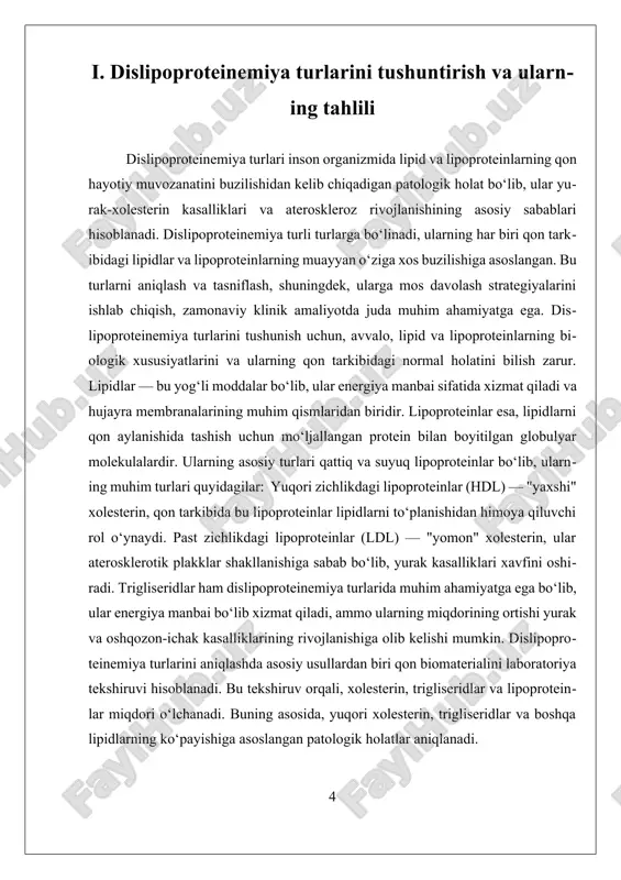 i. xulosa qilib aytganda, dislipoproteinemiya turlarini tushuntirish va ularning tahlili, inson sog‘lig‘i uchun muhim bo‘lgan yurak va qon tomirlarining sog‘lom holatini saqlashda asosiy rol o‘ynaydi. bu jarayonda, qon lipidlari va lipoproteinlarining miqdoriy va sifatli o‘zgarishlarini aniqlash, ularni to‘g‘ri baholash va individual davolash taklif qilish, sog‘liqni saqlash tizimining samaradorligini oshiradi va bemorlarning hayot sifatini yaxshilashga yordam beradi. ii. oshqozon suyuqligi tashxisining klinik ahamiyatini o'rganish oshqozon suyuqligi tashxisining klinik ahamiyati oshqozon-ichak tizimining turli kasalliklarini aniqlashda muhim rol o'ynaydi. oshqozon suyuqligi – bu oshqozonda ishlab chiqariladigan kislota va enzimlar majmuasi bo‘lib, uning tarkibi va miqdori oshqozon-ichak kasalliklarining tashxisida asosiy ma'lumot manbaidir. ushbu tashxisning klinik ahamiyati bir qator muhim jihatlarga bog‘liq bo‘lib, ularning har biri oshqozon-ichak kasalliklarining kechishi, tashxis qilish va davolash jarayonlariga ta'sir qiladi. birinchidan, oshqozon suyuqligi tahlili oshqozon kislotaliligi darajasini baholash uchun keng qo'llaniladi. oshqozon kislotaliligi oshqozon ichidagi muvozanat buzilishiga olib keladigan holatlarni aniqlashda muhim ahamiyatga ega. giperasid holatlari, ya'ni oshqozon kislotalarining …