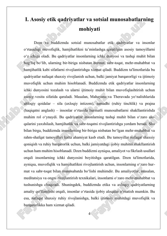 muhitni yaxshilash usullari dzen va buddizmda sotsial munosabatlar muhim ahamiyatga ega bo‘lib, insonlar o‘rtasidagi muvofiqlik, hamjihatlik va mehr-muhabbatni rivojlantirishga qaratilgan. bu munosabatlarning asosiy tamoyillari insonlarning ichki dunyosi va tashqi muhit bilan bo‘ladigan aloqalarini yaxshilashga xizmat qiladi. buddizm ta'limotlari insonlar o‘rtasidagi hurmat, sabr-toqat, hamjihatlik va mehr-muhabbat kabi qadriyatlarni asosiy ahamiyatga ega qiladi. bu qadriyatlarning amaliy qo‘llanishi orqali jamiyatda ijtimoiy muhit yaxshilanadi, insonlar o‘rtasida ijobiy aloqalar o‘rnatiladi va umumiy farovonlik ta'minlanadi. buddizmda sotsial munosabatlarning rivojlanishi uchun turli amaliyotlar va etika qoidalari ishlab chiqilgan. mahayana va theravada yo‘nalishlarida, ayniqsa, insonlarning bir-biriga nisbatan mehr-muhabbat va sabr-toqat bilan munosabatda bo‘lishlari uchun tavsiyalar mavjud. masalan, "metta" (mehr-muhabbat) va "karuna" (komil his qilish) kabi amaliyotlar insonlarning o‘zaro mehr-muhabbat bilan muomala qilishlarini rivojlantirishga yordam beradi. bu amaliyotlar nafaqat shaxsiy ruhiy holatni yaxshilashga, balki jamiyatda hamjihatlik va muvofiqlikni mustahkamlashga xizmat qiladi. shuningdek, buddizmda sotsial munosabatlarni yaxshilash uchun etik qadriyatlar va amaliyotlar o‘rgatiladi. masalan, to‘g‘ri fikrlash, so‘z, va amal qilish …