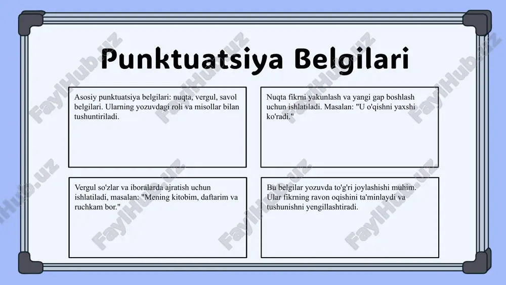 lash usullari, masalan, guruh yoki juftlik ishlari, fikr almashish va baholash, punktuatsiya tushunchalarini chuqurlashtirishga yordam beradi. punktuatsiya va yozuv jarayoni yozuv jarayonida punktuatsiyaning roli aniq va muhim. to'g'ri punktuatsiya yozuvning tushunarli va ravon bo'lishini ta'minlaydi. asosiy punktuatsiya belgilari: nuqta, vergul, nuqta-vergul. ularning joylashuvi yozuv ma'nosini aniqlashga yordam beradi. o'qituvchilar uchun punktuatsiya qoidalarini tushuntirish, misollar bilan ishlash va mashqlar o'tkazish muhim. bu usullar o'quvchilarning yozuvdagi punktuatsiyani to'g'ri qo'llashini rivojlantiradi. photo by ave calvar on unsplash xulosa punktuatsiya yozuvda ma'lumotlarning to'g'ri tushunilishi va o'qilishi uchun muhim. belgilar yordamida so'z va jumlalar mazmunini aniqroq ifodalaydi va matnning oqimini ta'minlaydi. darsliklarda punktuatsiya belgilari va ularning o'rni muhim. o'qituvchilar va o'quvchilar punktuatsiya qoidalarini to'g'ri tushunib, ularni amalda qo'llashlari kerak. bu o'qish va yozuv sifatini oshiradi. yozuv jarayonida punktuatsiyaning to'g'ri qo'llanilishi yozuvchining fikrini aniq ifodalashga yordam beradi. qoidalarni bilish va ularga amal qilish yozuvchilarning samaradorligini oshiradi. punktuatsiya ta'siri va samaradorligi o'qish va yozuvda muhim rol o'ynaydi. …
