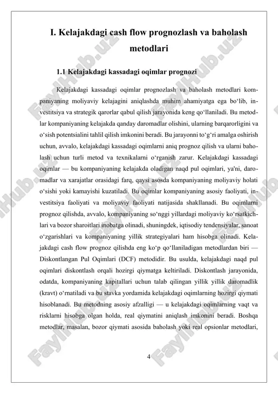 kin. shu sababdan, bu jarayonlarda ehtiyotkorlik bilan yondashish va turli ehtimollik holatlarini hisobga olish tavsiya etiladi. xulosa qilib aytganda, kelajakdagi kassadagi oqimlarni prognozlash va baholash kompaniyaning moliyaviy barqarorligini va o‘sish imkoniyatlarini aniqlashda muhim rol o‘ynaydi. bu metodlar yordamida, kompaniyalar o‘zining strategik rejalari va investitsiya qarorlarini yanada asosli va aniq qabul qilish imkoniga ega bo‘ladilar. shu bilan birga, texnologik rivojlanishlar va ehtimollik yondashuvlar bu jarayonlarni yanada samarali va ishonchli qilishga yordam bermoqda, natijada kompaniya qiymatini to‘g‘ri baholash imkoniyatlari kengaymoqda. 1.2 daromadlarni baholashda metodlar va texnikalar daromadlarni baholashda metodlar va texnikalar, kompaniyaning kelajakdagi moliyaviy salohiyatini aniqroq tushunish uchun muhim vositalardan biridir. bu jarayon, kompaniyaning kelajakdagi daromadlarini prognoz qilish va ularni baholash uchun turli metodlar va texnikalardan foydalanishni o'z ichiga oladi. ushbu metodlar yordamida investorlar va moliyaviy mutaxassislar kompaniyaning o'sish imkoniyatlarini, risklarini va qiymatini aniqlashga harakat qiladilar. birinchidan, daromadlarni baholashda asosiy tushunchalardan biri – kelajakdagi cash flow yoki kassadagi oqimlarni prognoz qilishdir. cash …