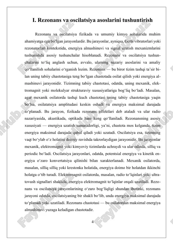 im o‘rin tutadi. rezonans va oscilatsiya jarayonlarini chuqur tushunish, zamonaviy texnologiyalar va ilmiy tadqiqotlar uchun muhimdir. ular, energiya transferi, signal uzatish va tizimlarning barqarorligini ta’minlashda muhim rol o‘ynaydi. ayniqsa, kvant fizikasi va nano-texnologiyada rezonans shakllarining yangi turlarini o‘rganish uchun yangi usullar ishlab chiqilmoqda. bu jarayonlarning nazariy va amaliy rivojlanishi, gerts vibratorlari va rezonatorlarning yangi shakllarini yaratishda, hamda ularning samaradorligini oshirishda muhim ahamiyatga ega. xulosa qilib aytganda, rezonans va oscilatsiya jarayonlari, fizik va kimyo fanlarida muhim tushunchalar bo‘lib, ular energiya almashinuvi va signal uzatishda asosiy rol o‘ynaydi. gerts vibratorlari yoki rezonatorlari bu jarayonlarning nazariyasini tushunishda va amaliy qo‘llashda muhim vositadir. ularning rivojlanishi, texnologik yutuqlarga va ilmiy kashfiyotlarga olib keladi va turli sohalarda innovatsion yechimlar ishlab chiqilishiga imkon yaratadi. ii. gerts vibratori modellari va amaliy qo'llanilishi gerts vibratori yoki rezonatori modellari fizik va kimyo sohalarida rezonans va oscilatsiya jarayonlarini tushunishda muhim ahamiyatga ega bo‘lgan qurilmalar va nazariy modellardir. ularning asosiy vazifasi — …
