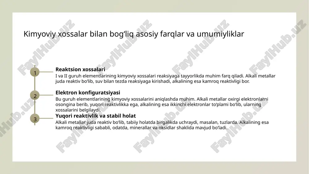 tivligi va ularning kimyoviy reaksiyalardagi roli. reaktivlik darajasi alkali metallarning reaktivligi yuqori bo‘lib, ular osongina oksidlanadi va suv bilan tezkor kimyoviy reaksiyaga kirishadi. bu xususiyat ularni ehtiyotkorlik bilan saqlashni talab qiladi. kimyoviy reaksiyalar ular ko‘plab kimyoviy reaksiyalarda faol ishtirok etadi, masalan, metallarning gidridlar va halogenidlar hosil qilishda, bu esa sanoat va kimyo sohalarida muhimdir. tabiiy holati alkali metallarning tabiiy holati asosan birikmalarda bo‘ladi, ularning erkin shaklda topilishi juda kam, odatda tuzlar va mineral rudlar shaklida mavjud. sanoatdagi ahamiyati bu metallar kimyo, metallurgiya va energetika sohalarida keng qo‘llaniladi, masalan, batareyalar, va kimyoviy mahsulotlar ishlab chiqarishda muhim rol o‘ynaydi. alkaline earth metallarining kimyoviy xususiyatlari va ularning o'ziga xosligi. 1 kimyoviy xossalar alkaline earth metallari, o'zining kuchli oksidlanish xususiyati bilan ajralib turadi, ular ko'pincha suv bilan reaksiyaga kirishadi va gidroksidlar hosil qiladi. 2 elektron konfiguratsiyasi ularning elektron konfiguratsiyasi ns2 shaklida bo'lib, bu ularning kimyoviy xossalarini belgilaydi va reaktivligini oshiradi. 3 reaktivlik darajasi alkaline …
