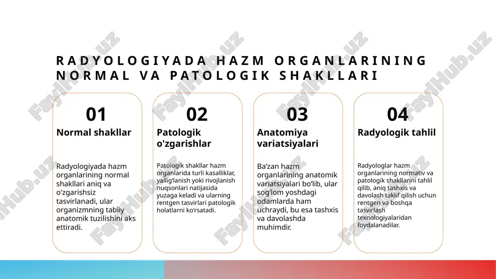 variatsiyalarni aniqlash muhim, chunki bu bemorning holatini yaxshilash va jarrohlik muolajalarini xavfsiz o'tkazish imkonini beradi. konjenital nuqsonlarning rentgenanatomik belgilari va tibbiy ahamiyati. 1 anatomiya belgilari konjenital nuqsonlar rentgenda aniq anatomik o'zgarishlar bilan ifodalanadi, masalan, organlarning noto'g'ri joylashuvi yoki shakli. bu belgilarning aniqligi nuqsonlarning turiga qarab farq qiladi. 2 rentgen belgilari va turlari rentgen tasvirlarida o'zgarishlar, masalan, deformatsiyalar, odatiy bo'lmagan shakllar va organlarning anormal rivojlanishi orqali ko'rinadi. bu belgilarning tahlili muhim diagnostik qadamdir. 3 tibbiy ahamiyati konjenital belgilarning aniqligi, shifokorga nuqsonlarning darajasini va qanchalik muhimligini tushunishga yordam beradi, shuningdek, davolash rejasini belgilashda muhimdir. rivojlanish nuqsonlarining rentgenografik tashxisi uchun asosiy usullar. 1 anatomi va rentgen tekshirişi rivojlanish nuqsonlarini aniqlashda rentgen tekshiruvi asosiy vosita bo‘lib, anatomic o‘zgarishlar va anomaliyalarni vizual tarzda ko‘rsatadi. 2 specifik rentgen texnikasi rivojlanish nuqsonlarining rentgenografik tashxisida aniq va maqsadli usullar, masalan, rus, rentgen kontrast usullari keng qo‘llaniladi. 3 tahlil va baholash rentgen tasvirlarining tahlili malakali radiologlar tomonidan amalga oshiriladi, …