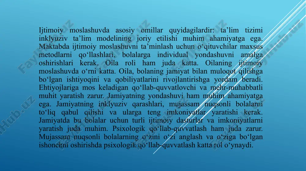 o‘quvchilar o‘rtasida o‘zaro hurmat, yordam va tushunish muhitini yaratish, bolaning ijtimoiy ko‘nikmalarini rivojlantirishga yordam beradi. o‘qituvchining bu boradagi roli, bolaning boshqa bolalar bilan teng ravishda muloqot qilishiga, ijtimoiy muhitda erkin bo‘lishiga ko‘maklashishdan iborat. mujassam nuqsonli bolalar ko‘pincha jamiyatda o‘zini boshqalar bilan teng his qilishda qiyinchiliklarga duch keladilar. shu sababli, o‘qituvchi bolaning o‘ziga bo‘lgan ishonchini oshirish va uning ijtimoiy o‘zgarishlariga yordam berish orqali uning jamiyatga integratsiyasini qo‘llab-quvvatlashi kerak. o‘qituvchining bu boradagi roli faqat akademik bilimlar berish bilan cheklanmaydi, balki bolaning hissiy va ijtimoiy rivojlanishiga ham katta ta’sir ko‘rsatadi. etiboringiz uchun rahmat! image1.jpeg image2.jpeg image3.jpeg