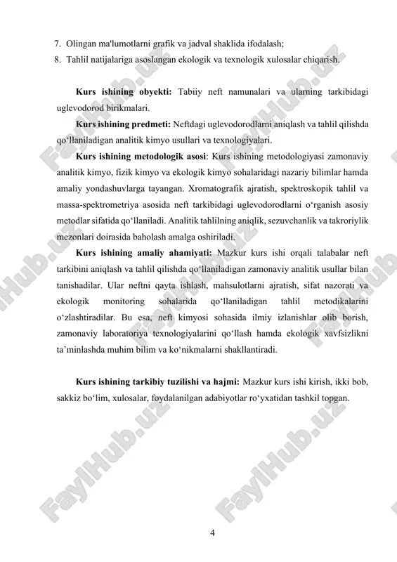 soni, strukturasi, bog‘lanish shakli va izomeriyasi jihatidan bir-biridan farqlanadi. neft tarkibidagi uglevodorodlar uchta asosiy sinfga bo‘linadi: parafinlar (alkanlar), olefinlar (alkenlar) va aromatik uglevodorodlar. bundan tashqari, naftenlar deb ataluvchi tsiklik uglevodorodlar ham neftda keng tarqalgan. parafinlar, ya’ni alkanlar, to‘yingan uglevodorodlar hisoblanadi. ular faqat bitta bog‘lanishli uglerod atomlaridan tashkil topgan bo‘lib, umumiy formulasi cₙh₂ₙ₊₂ ga ega. parafinlar neftning eng ko‘p tarqalgan komponentlaridan biri bo‘lib, ular to‘g‘ri zanjirli (normal) yoki tarmoqlangan zanjirli (izoparafinlar) shaklida uchraydi. parafinlar eng barqaror uglevodorodlar bo‘lib, kimyoviy reaksiyalarda kamroq ishtirok etadi. ular yoqilg‘i sifatida, ayniqsa, benzin va dizel yoqilg‘isi tarkibida keng qo‘llaniladi. naftenlar — bu tsiklik (halqali) tuzilishga ega bo‘lgan to‘yingan uglevodorodlardir. ular cₙh₂ₙ formulasi bilan ifodalanadi. naftenlar sikloalkanlar deb ham yuritiladi. ular asosan besh yoki olti a’zoli halqadan iborat bo‘lib, neftning ayniqsa og‘ir fraksiyalarida keng tarqalgan. naftenlar yuqori zichlikka, past suyuqlik nuqtasiga ega bo‘lib, yoqilg‘i va moylash materiallari ishlab chiqarishda katta ahamiyatga ega. aromatik uglevodorodlar esa o‘ziga xos …