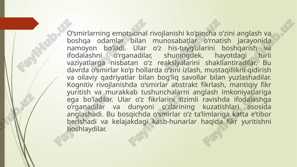 o‘smirlarning psixologik va pedagogik yordamga ehtiyoji va uni ta’minlash yo‘llari. o‘smirlarning psixologik yordamga ehtiyoji birinchi navbatda o‘zini anglash va emotsional barqarorlikni topish bilan bog‘liq. o‘smirlar bu davrda o‘z his-tuyg‘ularini boshqarishni o‘rganadilar va o‘zlariga nisbatan fikrlar shakllantirishadi. ular o‘zlarini qidirishadi, ko‘pincha o‘zini past baholash yoki haddan tashqari yuqori baholash holatlariga duch keladilar. bu holatlar o‘smirlarning o‘ziga bo‘lgan ishonchini kamaytirishi yoki ularga ijtimoiy aloqalarda qiyinchiliklar keltirib chiqarishi mumkin. psixologik yordam, shuningdek, o‘smirlarning stressni boshqarish, konfliktlarni hal qilish va ijtimoiy moslashishni yaxshilashda muhim rol o‘ynaydi. pedagogik yordam esa o‘smirlarning ta’lim jarayonidagi ehtiyojlarini qondirishga qaratilgan bo‘lishi kerak. bu davrda o‘smirlar o‘qish motivatsiyasi, o‘z maqsadlarini belgilash va o‘rganishga bo‘lgan qiziqishlarini shakllantirishda yordamga muhtoj. pedagoglar o‘smirlar bilan individual yondashuvni tanlashlari kerak, chunki har bir o‘smirning o‘rganish usuli va ehtiyojlari boshqacha bo‘lishi mumkin. darslar orqali o‘smirlarni qiziqtirish, ularning fikrlash qobiliyatini rivojlantirish va o‘qish jarayonini samarali tashkil etish orqali pedagogik yordam ta’minlanadi. shuningdek, o‘smirlarning psixologik va pedagogik yordamga …