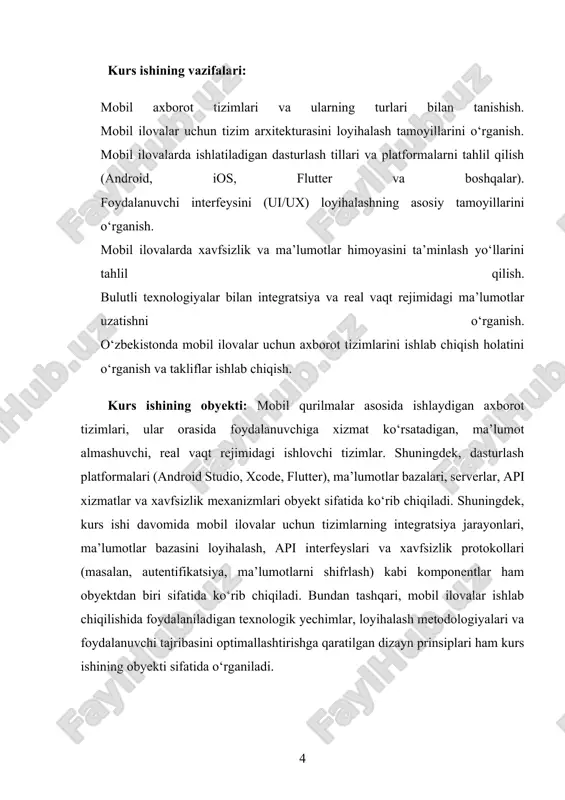 axborot tizimlarini to‘g‘ri loyihalash orqali ta’lim, sog‘liqni saqlash, tijorat, logistika, davlat xizmatlari va boshqa sohalarda samaradorlikni oshirish mumkin. ushbu kurs ishi natijalari mobil ilovalarni ishlab chiqish bilan shug‘ullanuvchi dasturchilar, it muhandislari va tashkilotlar uchun nazariy va amaliy yo‘l-yo‘riq bo‘lib xizmat qilishi mumkin. kurs ishi ishining tarkibiy tuzilishi va hajmi: kurs ishi kirish, ikki bob, sakkizta bo‘lim, xulosa va foydalanilgan adabiyotlar ro‘yxatidan iborat. i-bob mobil ilovalar uchun axborot tizimlarining asoslari. 1.1. mobil ilovalar va axborot tizimlarining ahamiyati. mobil ilovalar va axborot tizimlarining ahamiyati zamonaviy jamiyatda tobora ortib bormoqda. mobil ilovalar kundalik hayotimizda muhim rol o'ynaydi va axborot tizimlarining samarali ishlashi biznes, ta'lim, sog'liqni saqlash va ko'plab boshqa sohalarda muhim ahamiyatga ega. ularning roli nafaqat ish jarayonlarini soddalashtirishda, balki insonlar o'rtasidagi aloqani yaxshilashda ham katta. mobil ilovalar, mobil telefonlar va planshetlar kabi portativ qurilmalar orqali foydalanuvchilarga turli xizmatlarni taqdim etadi. ular o'zlarining qulayligi, tezkorligi va har doim qo'lda bo'lishi bilan ajralib turadi. …
