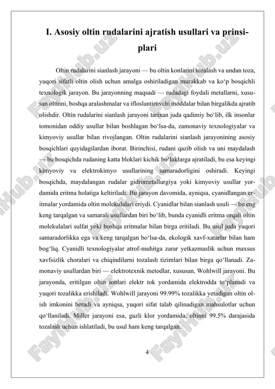 maradorligi va xavfsizligini yanada oshirishga imkon yaratadi. shu bilan birga, ekologik muhofaza va iqtisodiy samaradorlikni birgalikda ta’minlash uchun, yangi texnologiyalar va yondashuvlar ishlab chiqilmoqda. xulosa qilib aytganda, oltin rudalarini sianlash jarayoni — bu kimyo, metallurgiya va ekologiya sohalarining integratsiyasidan kelib chiqadigan murakkab va doim rivojlanayotgan jarayon bo‘lib, uning asosiy maqsadi — yuqori sifatli oltinni samarali va ekologik xavfsiz usullar bilan olishdir. bu jarayonni takomillashtirish va ekologik muhofaza qilish bo‘yicha izlanishlar davom etmoqda va kelajakda yanada samarali, barqaror va xavfsizlikka qaratilgan texnologiyalar ishlab chiqilishi kutilmoqda. ii. kimyoviy va elektrotexnik usullarning amaliy qo‘llanilishi kimyoviy va elektrotexnik usullarning amaliy qo‘llanilishi oltin rudalarini sianlash jarayonida muhim ahamiyat kasb etadi. bu usullar yordamida ruda tarkibidagi qimmatbaho metallni, xususan, oltinni, ajratib olish va tozalash jarayoni yanada samarali va ekologik jihatdan xavfsiz bo‘lishi mumkin. kimyoviy usullar va elektrotexnik texnologiyalar o‘rtasidagi farq va ularning amaliy qo‘llanishi, shuningdek, ularning zamonaviy metallurgiya ishlab chiqarishidagi roli keng muhokama qilinmoqda. kimyoviy usullarga …