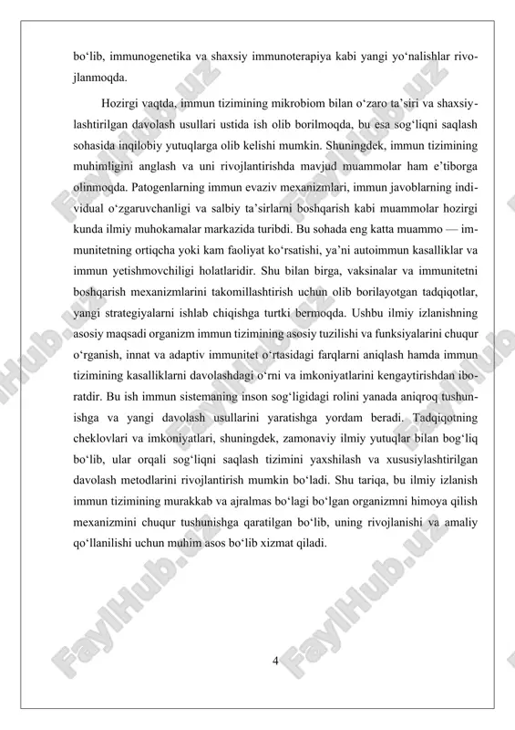 qismlariga mos keladigan oqsillar bo’lib, ularni neytrallashtirish yoki yo’q qilish uchun mo’ljallangan. t hujayralari esa, patogenlarni to’qimalar ichida yo’q qilish yoki ularni boshqa immun hujayralar bilan hamkorlikda yo’q qilishda yordam beradi. adaptive immunitetning muhim xususiyatlaridan biri — uning xotira qobiliyati. bu, avvalgi hujumdan so’ng, organizmga kirgan patogenlarni tezroq va samaraliroq aniqlash va yo’q qilish imkonini beradi. immun tizimining faoliyatida antijenlar va antikorlar muhim rol o’ynaydi. antijenlar – bu patogenlar yoki ularning qismlari bo’lib, ular immun javobni boshlash uchun signallar beradi. antikorlar esa, b hujayralari tomonidan ishlab chiqariladi va ular antijenlarga aniq mos keladi, ularni neytrallashtirish yoki yo’q qilish uchun mo’ljallangan oqsillar. shuningdek, limfotsitlar, makrofaglar, sitokinlar va boshqa hujayralar immun javobni boshqaradi, muvofiqlashtiradi va kuchaytiradi. immun tizimining muvaffaqiyati uni to’g’ri ishlashiga, yaroqsiz yoki zaif bo’lmagan holatlariga bog’liq. masalan, immun tizimining zaiflashishi, immunosupressiya yoki autoimmun kasalliklar rivojlanishiga olib kelishi mumkin. autoimmun kasalliklarda, immun tizimi o’zining to’qimalariga qarshi autoantikorlar ishlab chiqaradi va ularni …