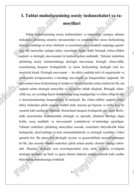 riy etish, tabiiy muhitni muhofaza qilish uchun maxsus zonasini tashkil qilish, qayta tiklash va tabiiy muhitni muhofaza qilish siyosatlari muhim o‘rin tutadi. birinchidan, ekologik texnologiyalar resurslarni samarali va muvozanatli boshqarish uchun asos bo‘lib xizmat qiladi. masalan, qishloq xo‘jaligida ekologik texnologiyalarni joriy etish orqali yer, suv va o‘simlik resurslaridan uzoq muddatli foydalanish imkoniyati oshadi. bu texnologiyalar orasida ekologik o‘g‘itlar, organik o‘g‘itlar, va suvni tejash usullari keng qo‘llaniladi. ular yer unumdorligini saqlab qolishga yordam beradi, yer eroziyasini kamaytiradi va tabiiy muhitga zarar yetkazmaydi. bundan tashqari, energiya samaradorligi va atrof-muhitga zarar yetkazmaydigan texnologiyalar ham rivojlanmoqda, masalan, quyosh va shamol energetikasi. ikkinchidan, tabiiy muhitni muhofaza qilish uchun maxsus ekologik zonasini tashkil etish muhimdir. bu zonasida inson faoliyatining cheklovlari bilan birga, biologik xilma-xillikni saqlash va muhofaza qilish uchun qator chora-tadbirlar amalga oshiriladi. masalan, milliy bog‘lar, tabiat qo‘riqxonalari va zamin muhofaza qilish hududlari tashkil etiladi. bu hududlarda tabiiy o‘simliklar va hayvonot dunyasi muhofaza qilinadi, ularning muhitga …