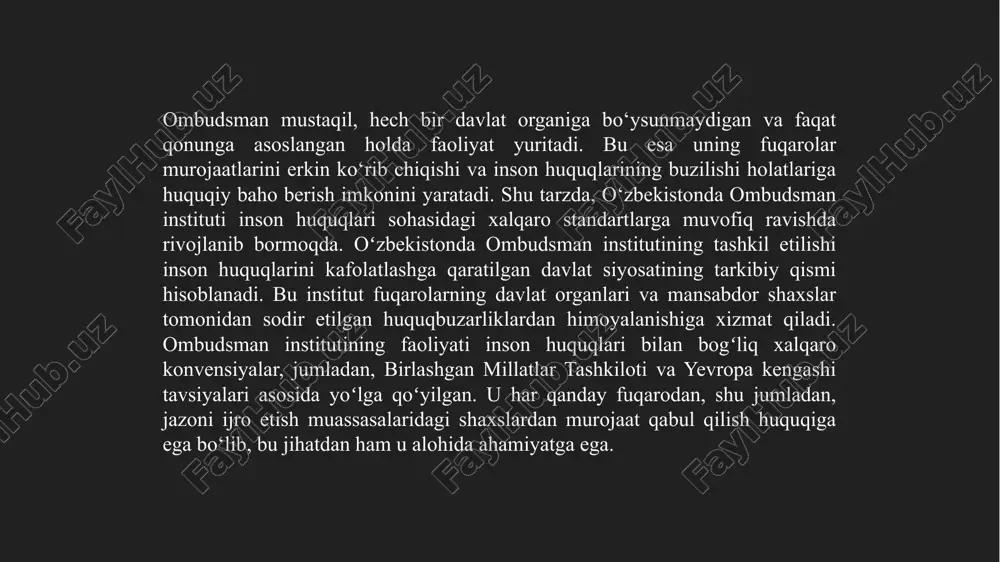 tutining rivojlanishi va uning fuqarolar huquqlarini himoya qilishdagi o'rni". tashkent: o‘zbekiston respublikasi oliy majlisi nashriyoti. xudoyberganov, m. (2019). "inson huquqlarini himoya qilishda ombudsman roli". toshkent: huquqshunoslik va demokratiya institutining nashri. davlatov, f. (2021). "ombudsman faoliyatining huquqiy asoslari va ularning samaradorligi". samarqand: samarqand davlat universiteti nashriyoti. rakhmonov, b. (2018). "o'zbekiston respublikasida ombudsman institutining huquqiy va ijtimoiy rivojlanishi". buxoro: buxoro davlat universiteti nashriyoti. saidov, d. (2022). "ombudsman va fuqarolik jamiyati: qonuniy va amaliy yondashuvlar". toshkent: o'zbekiston respublikasi adliya vazirligi nashriyoti. etiboringiz uchun rahmat! image2.jpeg image3.jpeg image4.jpeg