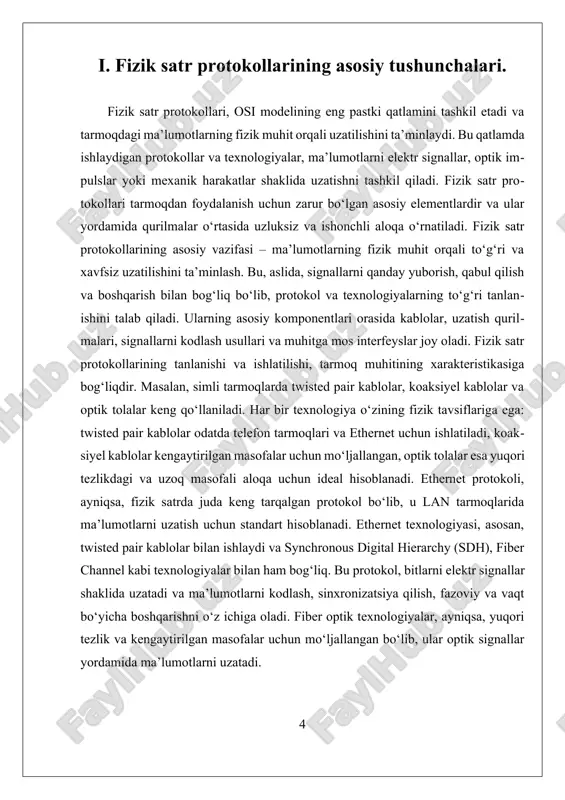 amonaviy tarmoqlarda ethernet, fiber optik va simsiz texnologiyalar eng keng tarqalgan bo‘lib, ular yordamida yuqori tezlikdagi va keng qamrovli tarmoq infratuzilmasi shakllantiriladi. bu texnologiyalar, shuningdek, yuqori xavfsizlik va shovqinga chidamlilik kabi muhim xususiyatlarga ega bo‘lib, ular tarmoqning uzluksiz va samarali ishlashini ta’minlaydi. shu bilan birga, yangi texnologiyalar, masalan, 5g va yuqori tezlikdagi optik tarmoqlar, fizik satr protokollarining rivojlanishida muhim rol o‘ynamoqda va kelajakda yanada yuqori tezlik va ishonchlilikni ta’minlash uchun ishlanmoqda. ii. fizik satrda texnologiyalar va amaliy qo'llanmalar. fizik satr protokollari osi modelining eng pastki qatlamiga, ya’ni fizik qatlamga taalluqlidir. bu qatlamning asosiy vazifasi, tarmoq qurilmalari orasida ma’lumotlarni fizik jihatdan uzatishni ta’minlashdir. fizik qatlam, shuningdek, fizik muhit bilan to'g'ridan-to'g'ri ishlashni ta'minlaydi va signallarni elektr, optik yoki mexanik shaklida uzatadi. bu qatlamda ishlatiladigan protokollar va texnologiyalar, asosan, ma’lumotlarning uzatilishi uchun fiziki shart-sharoitlarni belgilaydi va ularning ishonchliligini ta’minlaydi. fizik qatlamda ishlatiladigan texnologiyalar va protokollar, avvalo, kablolar, ulanish arayuzlari va signallarni boshqarish bilan …