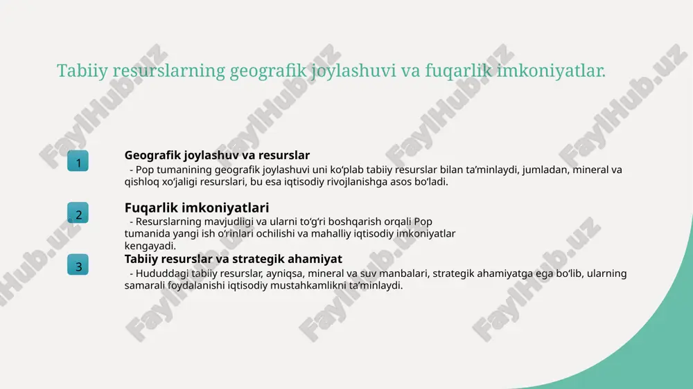 yoshlarning iqtisodiy roli yoshlar iqtisodiyotda innovatsiyalar va yangi ish o‘rinlarini yaratishda asosiy kuch hisoblanadi. ularning faoliyati iqtisodiy rivojlanishga ijobiy ta'sir ko‘rsatmoqda. 3 ayollarning iqtisodiy imkoniyatlari ayollar iqtisodiyotda faol ishtirok etib, tadbirkorlik va qishloq xo‘jaligida muhim rol o‘ynamoqda. bu, o‘z navbatida, mahalliy iqtisodiyotni rivojlantiradi. 4 gender va yosh imkoniyatlari gender va yosh guruhlariga qarab imkoniyatlar tenglashtirilmoqda. bu esa, barqaror iqtisodiy rivojlanish uchun muhim, yoshlar va ayollar uchun yangi ish o‘rinlari yaratilmoqda. pop tumani iqtisodiyotining asosiy tarmoqlari va ularning rivojlanish imkoniyatlari 1 qishloq xo‘jaligi tarmoqlari - pop tumanida qishloq xo‘jaligi muhim o‘rin tutadi, ayniqsa paxta, g‘alla va meva yetishtirish rivojlangan, bu yerda o‘rmon va chorvachilik ham rivojlanmoqda. 2 sanoat va ishlab chiqarish - sanoat sektori metallurgiya, oziq-ovqat va qurilish materiallari ishlab chiqarishda faol, bu tarmoq iqtisodiy o‘sishga va ish o‘rinlariga turtki bo‘lmoqda. 3 xizmatlar va savdo - transport, savdo va turizm sohalari rivojlanmoqda, shuningdek, bozorlarda mahalliy mahsulotlar va xizmatlar keng tarqalib, iqtisodiy …