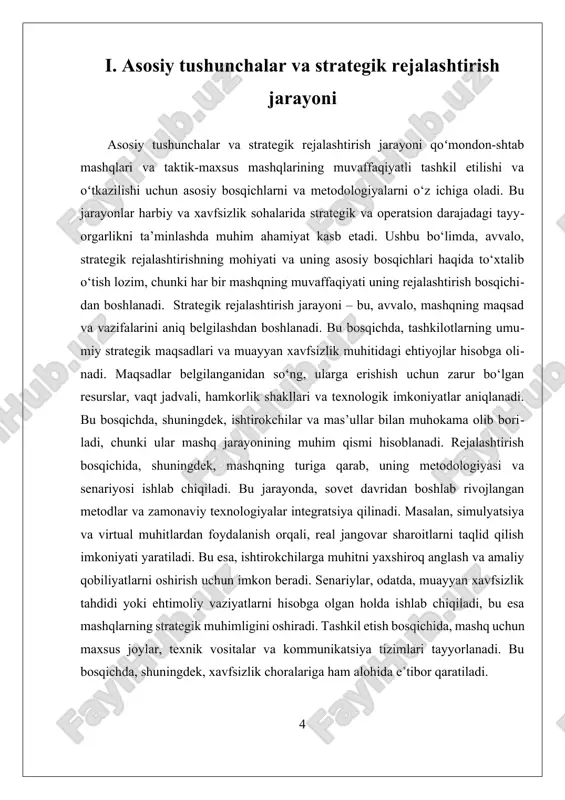 nlash uchun muhim ahamiyatga ega bo‘lib, ularning asosiy maqsadi — tashkilotlarning tayyorligini oshirish, kommunikatsiya tizimlarini sinovdan oʻtkazish, va qaror qabul qilish mexanizmlarini rivojlantirishdir. tashkil etish bosqichida, avvalo, mashqlarning maqsadlari va vazifalari aniq belgilanishi lozim. bu bosqichda harbiy yoki xavfsizlik tashkilotlarining strukturalari, mavjud resurslar va sharoitlar hisobga olinadi. mavjud imkoniyatlar va ehtiyojlar asosida, reja ishlab chiqiladi va oʻquvlarning kontentlari aniqlanadi. tashkilotchilar, shuningdek, mashqlar uchun joylar, texnik vositalar, kommunikatsiya tizimlari va xavfsizlik choralari bilan ta’minlaydi. bu bosqichda, shuningdek, oʻquvchilarning tayyorgarligi va ishtirokchilar tarkibi belgilab olinadi. oʻtkazish bosqichida, tayyorlangan reja va senariyolar asosida, mashqlar oʻtkaziladi. bu jarayonda, real sharoitlar va muhit yaratish uchun maxsus joylar va texnik vositalar ishlatiladi. ishtirokchilar oʻz vazifalarini bajaradilar, strategik muhim qarorlar qabul qiladilar va oʻzaro hamkorlikda faoliyat koʻrsatadilar. kommunikatsiya tizimlarining ishlashiga alohida e’tibor qaratiladi, chunki bu, ayniqsa, muhim strategik va operatsion muhokamalar uchun muhimdir. mashqlar davomida, muayyan vazifalar va senariyolar asosida, har bir ishtirokchi oʻz vazifasini bajarishga harakat …