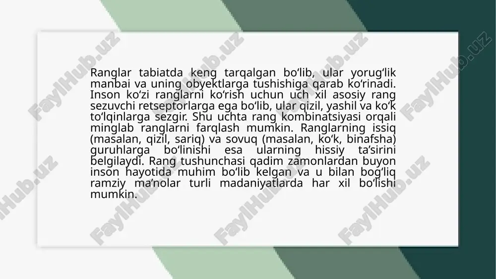 g energiya va ishtiyoqni uyg‘otadi, shuningdek, ba’zida xavf-xatarga va to‘qnashuvga nisbatan bir signaldir. sariq rang baxt, umid va ijobiy kayfiyatni ifodalaydi. yashil rang tinchlik, barqarorlik va tabiat bilan bog‘liq his-tuyg‘ularni uyg‘otadi. binafsha rang esa sirli, chuqur va ba’zida qayg‘u yoki hayajon bilan bog‘liq hislarni ta’riflaydi. ko‘k rang tinchlantiruvchi va osoyishta his-tuyg‘ularni yaratadi, bu sababli ko‘plab ofislar va salomatlik markazlari dizaynida qo‘llaniladi. madaniy talqinlar ranglarning ma’nosini o‘zgartirishi mumkin. masalan, oq rang ko‘plab madaniyatlarda poklik va yangi boshlanishni anglatadi, ammo ba’zi sharq madaniyatlarida motam yoki qayg‘u bilan bog‘liq bo‘lishi mumkin. qizil rang xitoyda baxt va omadning ramzi sifatida qaraladi, g‘arb madaniyatlarida esa ba’zan xavf yoki ogohlantirishni ifodalaydi. yashil rang, g‘arbda tabiat va tinchlik bilan bog‘liq bo‘lsa, yaqin sharq madaniyatlarida muqaddaslik va farovonlikni ifodalashi mumkin. shuningdek, ranglarning psixologik va madaniy ta’siri dizayn, marketing va san’atda keng qo‘llaniladi. ranglarning odamlarning qarorlariga, sotuvlarga yoki hissiy reaktsiyalariga ta’sir qilishini anglagan brendlar, masalan, ijobiy hissiyotlarni uyg‘otish uchun …