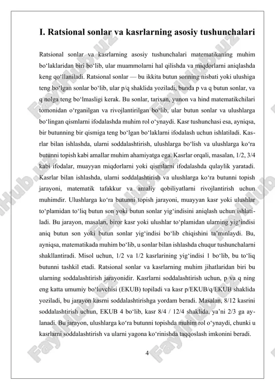 yatlarini rivojlantiradi. bu mavzuni o‘rganish, yosh avlodda matematik tafakkurning rivojlanishiga, shuningdek, zamonaviy texnologiyalar va ilm-fan sohalarida muvaffaqiyat qozonishga yordam beradi. ii. ulushlarga koʻra butunni topish amaliy misollar bilan ulushlarga koʻra butunni topish jarayoni matematikada muhim bo‘lib, u kasrlar va ratsional sonlar bilan ishlashda asosiy rol o‘ynaydi. bu jarayon, ayniqsa, boshlang‘ich maktab o‘quvchilari uchun, miqdorlarni taqqoslash va aniqlashda yordam beradigan muhim qadamdir. ulushlarga boʻlingan butun sonlarni aniqlash uchun, avvalo, kasrlar va ulushlar tushunchalarini chuqur tushunish zarur. kasrlar — bu butun sonlarning bir qismi yoki ulushini ifodalash uchun ishlatiladigan matematik ifodadir. kasrda yuqoridagi p soni — nomuchuva, ya’ni, ulush yoki ulushlar soni, pastdagi q — denomuch, ya’ni, butun sonlarning qismi. masalan, 3/4 kasri, to‘rt qismga bo‘lingan bir butunning uch qismiga to‘g‘ri keladi. kasrlar bilan ishlashda, ulushlarga boʻlish va soddalashtirish muhimdir, chunki bu jarayonlar kasrlarni taqqoslash va ulushlarga koʻra butunni aniqlash imkonini beradi. ulushlarga koʻra butun son yoki butun sonlar yig‘indisini topish uchun …