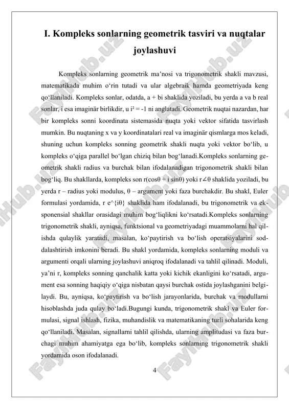 asoslari trigonometrik shakl va euler formulasi kompleks sonlarning muhim va qiziqarli mavzularidan biridir. kompleks sonlarning geometrik maʼnosi va trigonometrik shakli matematikada keng qoʻllaniladi va ular algebraik, geometrik va trigonometrik yondashuvlarni birlashtiradi. bu shakllar, ayniqsa, kompleks sonlarni ko‘paytirish, bo‘lish va ularning faza va moduli haqida tushuncha hosil qilishda muhim ahamiyat kasb etadi. kompleks sonlar odatda a + bi shaklida yoziladi, bunda a va b haqiqiy sonlar, i esa imaginär birlikdir, u i² = -1 ni anglatadi. geometrik nuqtai nazardan, har bir kompleks sonni koordinata sistemasida nuqta yoki vektor sifatida tasvirlash mumkin. bu nuqtaning x va y koordinatalari, mos ravishda, haqiqiy va imaginär qismlarga mos keladi. demak, kompleks sonning geometrik shakli nuqta yoki vektor bo‘lib, u kompleks o‘qiga parallel bo‘lgan chiziq bilan bog‘lanadi. bu nuqta yoki vektor, asosan, x va y koordinatalar yordamida aniqlanadi, va bu ko‘rinishda, har bir kompleks sonning joylashuvi uning haqiqiy va imaginär qismlarining qiymatiga bog‘liq bo‘ladi. shu bilan …