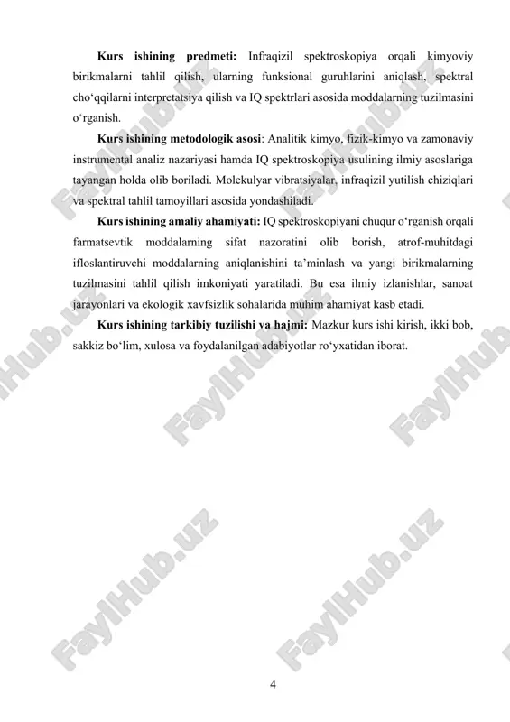 l vositasi hisoblanadi. texnologik jarayonlar monitoringida, ekologik nazoratda va kriminologik ekspertizalarda ham bu usuldan foydalaniladi. umuman olganda, infraqizil spektrlarning kimyoviy birikmalar tuzilmasini aniqlashdagi ahamiyati ularning funksional guruhlarini, bog‘ tuzilmalarini va molekulaning umumiy arxitekturasini aniqlashda ishonchli, tez va samarali natijalar berishidadir. infraqizil spektral tahlil molekulalardagi tebranish harakatlarini aniqlash orqali ularning tarkibiy qismlarini aniqlashga asoslanadi. molekulalardagi atomlar orasidagi bog‘lar cho‘zilish, egilish, aylanish kabi harakatlar bajaradi va bu harakatlar infraqizil nurlanishni yutish orqali yuzaga chiqadi. har bir bog‘ning tebranish chastotasi u bilan bog‘langan atomlarning massasiga va bog‘ kuchiga bog‘liq. shu sababli har bir funksional guruh yoki atomlar guruhi o‘ziga xos yutilish signallarini hosil qiladi. infraqizil spektrlar molekulani tekshirishda birinchi qadam bo‘lib xizmat qiladi. chunki ir tahlil oddiy, tez va arzon usul sanaladi. masalan, biror bir birikmaning karbonil guruhi mavjudmi, yo‘qmi — bu darhol ir spektrda aniqlanadi. yana bir muhim jihati shundaki, birikmadagi vodorod bog‘larining mavjudligi yoki yo‘qligi, ularning intensivligi ir spektr yordamida aniqlanishi …