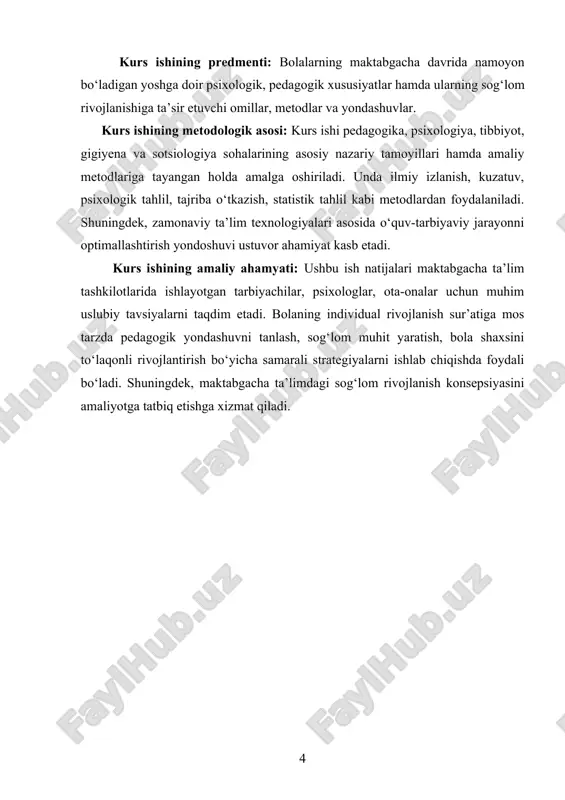 liy va ijtimoiy rivojlanishi uchun muhim omil hisoblanadi. shuningdek, maktabgacha yosh davrida bolalar taqlid qilishga moyil bo‘ladi. ular kattalarning harakatlarini, so‘zlarini, hulqini kuzatib, ularga o‘xshashga harakat qiladi. bu esa pedagogik jarayonda namuna ko‘rsatishning muhimligini bildiradi. bolalar uchun ijobiy muhit, mehribonlik, sabr-toqat va e’tibor ko‘rsatish nihoyatda muhimdir. ularning diqqat markazi beqaror bo‘lib, tez chalg‘iydi. shu bois dars yoki mashg‘ulotlar qisqa, sodda va qiziqarli shaklda tashkil etilishi lozim. rivojlanayotgan idrok va tafakkur tufayli bolalar voqelikni konkret obrazlar orqali qabul qiladi. shu sababli ular bilan ishlayotganda rangli, jonli, harakatli materiallardan foydalanish foydalidir. bolalar bu davrda mustaqillikka intila boshlaydi. ular o‘z ehtiyojlarini ifoda etishga, ayrim harakatlarni mustaqil bajarishga harakat qiladi. shu bilan birga, ular hali ham kattalarning yordamiga va rahbarligiga muhtojdirlar. pedagogik yondashuv bolaga erkinlik va ishonch berishi, lekin ayni paytda unga yo‘l-yo‘riq ko‘rsatishi kerak. jismoniy rivojlanish ham faol kechadi. harakatlar muvofiqlashuvi yaxshilanadi, mayda va yirik motorika rivojlanadi. shu bois, bu yoshdagi bolalarga harakatli …
