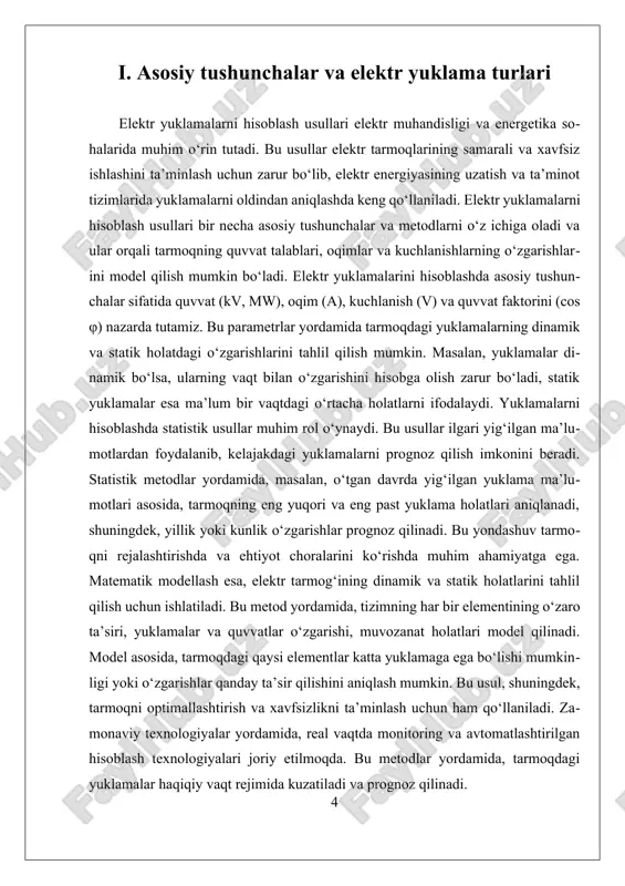 ilmiy izlanishlar va texnologik rivojlanishlar, kelajakda yanada aniq va samarali hisoblash usullarini ishlab chiqishga imkon yaratadi. ii. matematik modellash va statistik prognoz metodlari matematik modellash va statistik prognoz metodlari elektr yuklamalarni hisoblashda muhim ahamiyatga ega bo‘lgan yondashuvlardir. bu usullar yordamida elektr tarmoqlari va ularning elementlarining quvvat talablarini aniqroq baholash, shuningdek, kelajakdagi yuklamalarni prognoz qilish mumkin bo‘ladi. ular elektr muhandisligi va energetika sohalarida tizimning samaradorligini oshirish, xavfsizligini ta’minlash va iqtisodiy xarajatlarni kamaytirishga xizmat qiladi. elektr yuklamalarni matematik modellash bilan tahlil qilish jarayonida, avvalo, tizim parametrlarini aniq ifodalovchi formulalar va tenglamalar ishlab chiqiladi. bu parametrlar orasida quvvat (kv, mw), oqim (a), kuchlanish (v) va quvvat faktorining (cos φ) roli katta. masalan, statik va dinamik yuklamalar uchun alohida modellar ishlab chiqiladi. statik modellarda, odatda, vaqt bo‘yicha o‘zgarishlar hisobga olinmaydi va yuklamalar o‘rtacha qiymatlarda tahlil qilinadi. dinamik modellarda esa, yuklamaning vaqt davomida o‘zgarishi va tizimdagi o‘zaro ta’sirlar hisobga olinadi. bu modellash usullari yordamida, elektr …