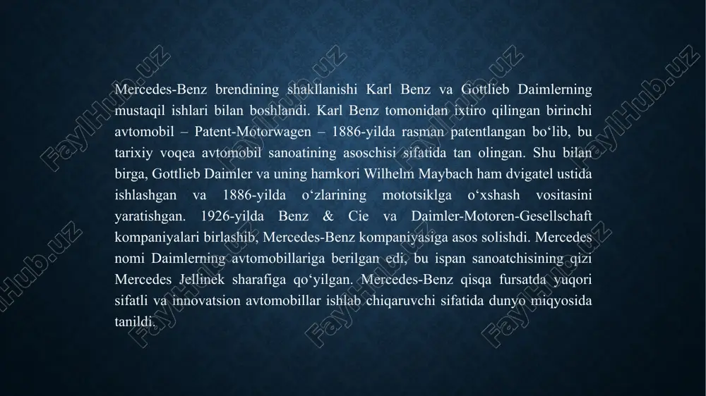 i yordamida oldindan tahdidlarni aniqlab, avtomobilning xavfsizligini ta’minlaydi. bu tizim avariyaga olib keladigan holatlarda avtomobilni avtomatik ravishda to‘xtatishga yoki tezlashtirishni kamaytirishga yordam beradi. mercedes-benzning yangi modellari, jumladan, s-class va g-class, yuqori darajadagi komfort va zamonaviy texnologiyalarni birlashtirgan avtomobillar sifatida e’tiborga loyiqdir. s-class, o‘zining yuqori darajadagi saloni, ilg‘or xavfsizlik tizimlari va avtonom haydash imkoniyatlari bilan so‘nggi yillarda eng innovatsion modellardan biri bo‘lib qolmoqda. g-class esa sport va off-road imkoniyatlarini o‘zida mujassam etgan, eng zamonaviy texnologiyalar bilan ta’minlangan suv hisoblanadi. 4. mercedes-benz’ning kelajakdagi rejalari va istiqbollari. mercedes-benzning kelajakdagi rejalari va istiqbollari avtomobilsozlik sanoatining yangi trendlariga moslashish va innovatsiyalarni davom ettirishga qaratilgan. brendning asosiy maqsadi – ekologik toza, avtonom va yuqori texnologiyali avtomobillarni ishlab chiqarishdir. mercedes-benz, elektromobillar va elektr transport vositalarini ishlab chiqarish sohasida o‘z o‘rnini mustahkamlashni davom ettiradi. eq brendi ostida ishlab chiqarilayotgan avtomobillar, masalan, eqs, eqe va eqb modellari, kompaniyaning ekologik barqarorlikni ta’minlashga bo‘lgan kuchli intilishlarini ko‘rsatadi. kompaniya, shuningdek, sun’iy intellekt …
