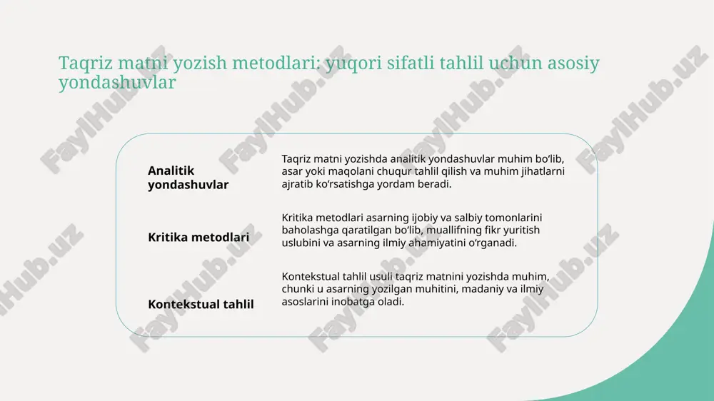 kiston madaniyatida taqriz matni orqali fikr va baholash jarayoni, jamiyatdagi qadriyatlar, urf-odatlar va milliy an'analarni aks ettiradi. xulosa taqriz matnining nazariy asoslari va rivoji taqriz matni nazariy asoslari yozish texnikasi va metodologiyasini shakllantiradi, amaliyotda muhim tahlil va fikr-mulohazalarni yozishda yordam beradi, bilimlarni kengaytiradi. zamonaviy yondashuvlar va metodlar bilan tahlil qilish zamonaviy yondashuvlar, analitik, kritika va kontekstual uslublar taqriz yozishda muhim, fikrlarni chuqur tahlil qilish va ilmiy ahamiyatni oshirishga yordam beradi. madaniy va ilmiy kontekstda taqriz yozish madaniy va ilmiy kontekstda taqriz yozishda milliy an'analarga moslashish, tarixiy va madaniy tafakkur bilan uzviy bog‘liq bo‘lib, fikr va baholash jarayonini boyitadi. foydalanilgan adabiyotlar 1. o'zbekiston milliy akademiyasi. taqriz yozish metodikasi. toshkent: o'zbekiston nashriyoti, 2018. 2. iskandarov, d. taqriz matni yozish usullari. o'zbekiston ta'lim nashriyoti, 2020. 3. rahimov, m. o'zbek adabiyotida taqriz tahlili. toshkent: fan va tafakkur, 2019. 4. yusufov, a. taqriz va uning nazariy asoslari. o'zbekiston davlat universiteti, 2021. 5. bekchanov, s. madaniy …