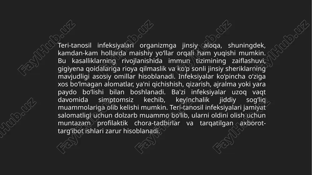 si keltiradi. gerpes infeksiyasi to‘liq davolanishi mumkin emas, lekin antivirallar yordamida boshqarilishi mumkin. stress yoki immun tizimi zaiflashganda infeksiya qaytalanishi mumkin. verrukalar, ya'ni teri warts, human papillomavirus (hpv) tomonidan qo‘zg‘atiladi. teri yuzasida qattiq, qizil yoki oqish o‘smalar paydo bo‘ladi. verrukalar ko‘pincha o‘z-o‘zidan bartaraf etiladi, lekin maxsus davolash usullari, masalan, krioterapiya yoki lazer yordamida olib tashlanadi. teri-tanosil infeksiyalarini tashxislash usullari va diagnostika prinsiplari. birinchi bosqichda bemorning klinik holati va simptomlari asosida tashxis qo‘yiladi. teri-tanosil infeksiyalarining ko‘plab belgilari vizual tekshirish orqali aniqlanishi mumkin. masalan, impetygo kasalligida terida qizil dog‘lar, pufakchalar va ularning yorilishi natijasida pushtlar paydo bo‘ladi. gerpes infeksiyasida esa teri yoki shilliq qavatlarda pufakchalar, og‘riq va kuyish hissi yuzaga keladi. furunkulozda esa og‘riqli teri ostidagi to‘planishlar va pashshalar paydo bo‘ladi. bemorning anamnezi, ya'ni kasallik tarixi ham diagnostikada muhim ahamiyatga ega. mikrobiologik tekshiruvlar tashxisi aniqroq qilish uchun zarur. bu usul mikroorganizmlarni aniqlash va ularning turini bilishga yordam beradi. bakterial infeksiyalarni aniqlashda teridan …