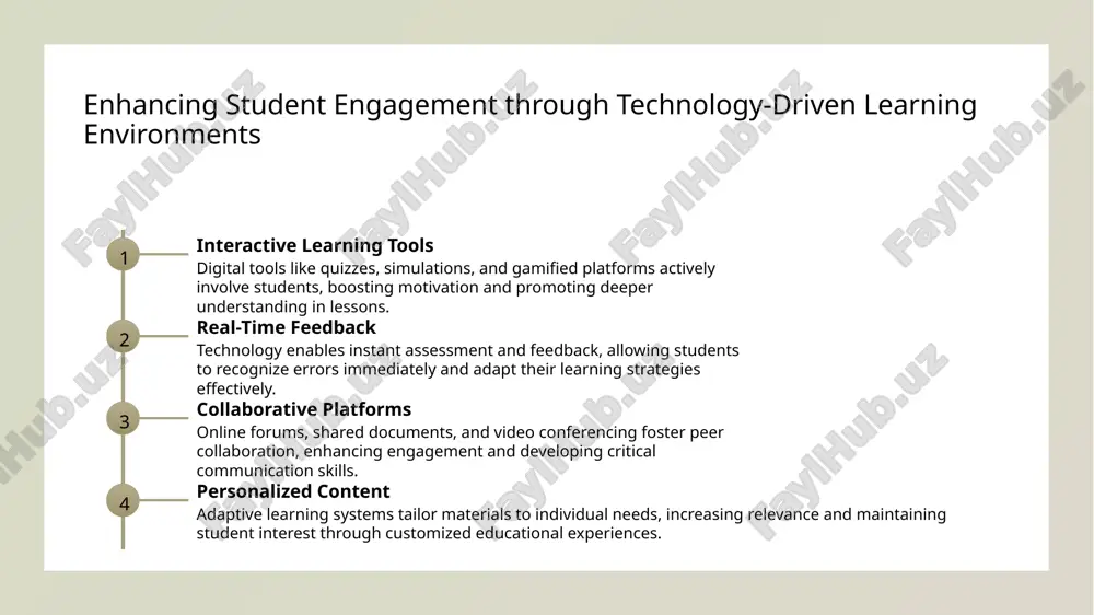 igital education 1 building robust digital policies - effective policies establish standards for technology use, ensuring equitable access, data security, and curriculum integration aligned with uzbekistan’s educational goals. 2 developing infrastructure - investing in high-speed internet, hardware, and reliable power supplies is essential for supporting digital learning environments across urban and rural areas. 3 promoting public-private partnerships - collaborations between government, tech companies, and educational institutions foster innovation, funding, and sustainable digital infrastructure development. 4 ensuring digital equity - policies must prioritize inclusive access to devices and internet, reducing disparities and enabling all students in uzbekistan to benefit from digital education. fostering innovation in education through digital transformation embracing digital innovation encouraging creative pedagogies supporting collaborative ecosystems digital transformation fosters innovation by integrating technologies like ai, vr, and data analytics, enabling new teaching methods and interactive learning experiences. technology empowers educators to adopt diverse, student-centered approaches such as gamification and …