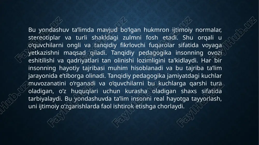 y adolatni faqat ta’lim mazmuni orqali emas, balki ta’lim jarayonining o‘zini adolatli qilish orqali ham ilgari suradi. bu yondashuvda barcha o‘quvchilar teng imkoniyatlarga ega bo‘lishi, o‘z ovozini erkin ifoda eta olishi va o‘quv jarayonida faol ishtirok etishi zarur deb hisoblanadi. u bolalarning kelib chiqishi, ijtimoiy mavqei, jinsi yoki e’tiqodidan qat’i nazar, ularning har biri teng qiymatga ega deb qaraydi. bu esa ta’limda inkluzivlik va ijtimoiy tenglik g‘oyalarini amalda joriy qilishga olib keladi. tanqidiy pedagogika o‘quvchilarni jamiyatdagi muammolarni tan olish, ularning sabablari ustida fikr yuritish va yechimlar izlashga o‘rgatadi. masalan, ularni atrofdagi adolatsizliklarga befarq bo‘lmaslik, muammolarga ko‘z yumib yashamaslik, balki faol fuqarolik pozitsiyasini egallashga undaydi. shu orqali u o‘quvchilarda ijtimoiy mas’uliyat hissini rivojlantiradi. 3. jamiyatda tenglik va inklyuziya tamoyillarining targ‘iboti jamiyatda tenglik va inklyuziya tamoyillarining targ‘iboti – adolatli, bag‘rikeng va har bir inson o‘zini qadrlangan holda his qiladigan muhitni shakllantirishning muhim asosidir. ushbu tamoyillar har qanday ijtimoiy tizim, jumladan ta’lim, sog‘liqni …