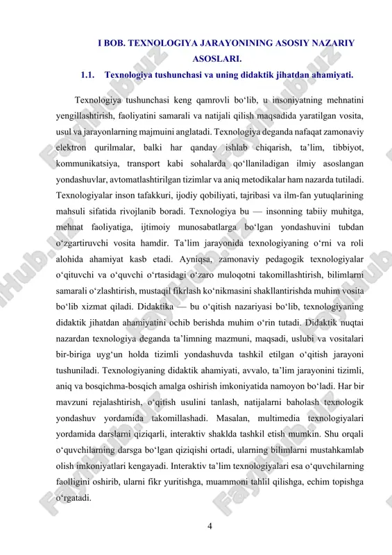 ishi orqali farqlanadi. masalan, bloom taksonomiyasi asosida bilimlar darajalariga ko‘ra ta’lim maqsadlarini belgilash, o‘quv materiallarini to‘g‘ri tanlash va o‘rgatish bosqichlarini tizimli tashkil etish mumkin. bunday yondashuv o‘quvchilarning bilim olish faoliyatini ongli, izchil va faol tarzda olib borishini ta’minlaydi. bugungi kunda raqamli texnologiyalarning keng joriy etilishi bilan ta’limda yangi imkoniyatlar ochilmoqda. masofaviy ta’lim, virtual laboratoriyalar, simulyatsiya dasturlari, 3d vizualizatsiyalar o‘quvchilarni murakkab mavzularni chuqurroq tushunishiga yordam beradi. bu esa ularning kognitiv rivojlanishini, mustaqil o‘rganish ko‘nikmalarini, zamonaviy muammolarni hal qilishga tayyorligini shakllantiradi. shuningdek, texnologiyalar didaktik tamoyillarning amalga oshishida ham muhim vosita hisoblanadi. masalan, vizuallik tamoyili asosida videodarslar, grafik materiallar, animatsiyalar orqali o‘rgatish samarasi ortadi. faollik va ongli ishtirok tamoyili asosida esa interaktiv testlar, elektron forumlar, guruhli onlayn loyihalar orqali o‘quvchilarning faol ishtiroki ta’minlanadi. texnologik vositalar orqali ta’lim jarayonini shaxsiylashtirish, ya’ni har bir o‘quvchining o‘ziga xos o‘rganish uslubi, tezligi, qiziqishlariga moslab ta’limni tashkil etish ham mumkin. bu yondashuv o‘quvchilarda motivatsiyani kuchaytiradi, ularni ta’limga jalb …