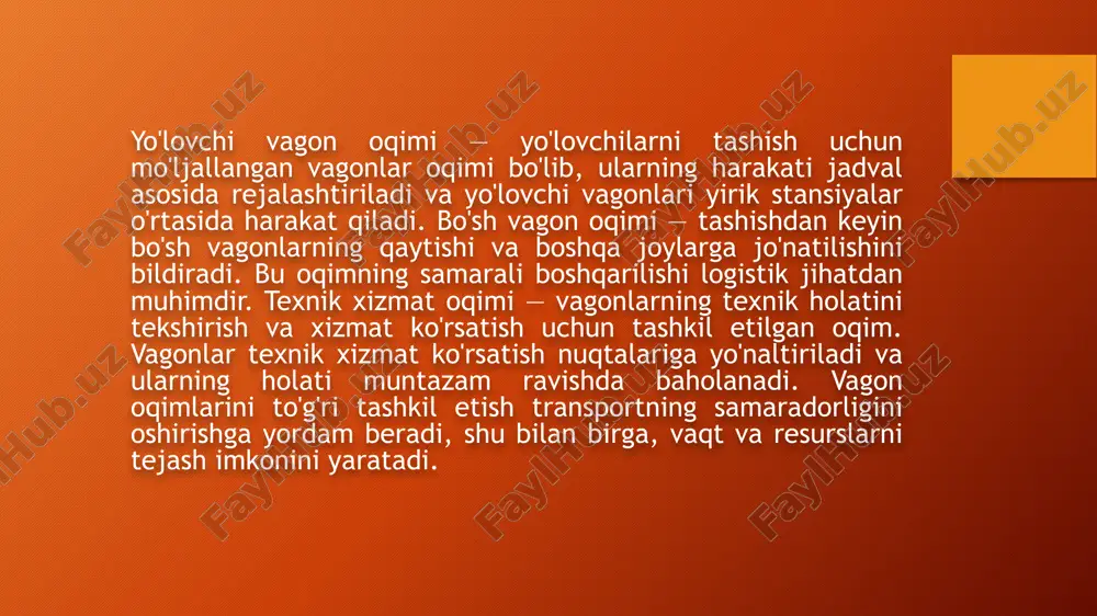 i va operatsiyalarni tezlashtiradi. vaqtni boshqarish va rejalashtirish ham muhim ahamiyatga ega. agar harakatlarning vaqti aniq rejalashtirilsa, oqimlarni samarali boshqarish mumkin. shuningdek, energiya samaradorligini oshirish, masalan, elektrli lokomotivlar orqali transport xarajatlarini kamaytirishga yordam beradi. vagon oqimlarining samaradorligini oshirishda bir nechta asosiy usullarni qo‘llash mumkin. birinchidan, vagonlarni samarali boshqarish tizimlarini yaratish muhimdir. bu tizimlar, ayniqsa, transport yo‘llaridagi harakatni muvozanatlash, navbatlarni qisqartirish va yukni eng tezkor va samarali tarzda tashish uchun yordam beradi. ikkinchidan, vagonlarning texnik holatini yaxshilash zarur. to‘g‘ri xizmat ko‘rsatish va texnik nazorat vagonlarning ishlash muddatini uzaytiradi va to‘liq ishlash imkoniyatlarini oshiradi. bu, o‘z navbatida, operatsion xarajatlarni kamaytiradi va vagon oqimlarining samaradorligini oshiradi. shuningdek, avtomatik boshqaruv tizimlarining integratsiyasi samaradorlikni sezilarli darajada oshiradi. masalan, modernizatsiya qilingan signalizatsiya tizimlari va sensorlar vagon oqimlarini yanada aniq va xavfsiz boshqarish imkonini beradi. shuningdek, bu tizimlar harakatni optimallashtirishga va to‘siqlardan o‘tish vaqtlarini qisqartirishga yordam beradi. 4. vagon oqimlarini boshqarishda texnologik va iqtisodiy omillar. vagon oqimlarini …