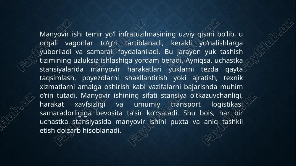 ruv moslamalarini joriy etish muhim hisoblanadi. bu texnologiyalar orqali manyovir jarayonlarini masofadan turib boshqarish va real vaqt rejimida nazorat qilish imkoniyati yaratiladi. tashkiliy tomondan esa, har bir manyovir harakatining aniq rejalashtirilishi, brigadalar o‘rtasida to‘g‘ri vazifa taqsimoti va o‘zaro axborot almashinuvi tizimini yaratish lozim. bundan tashqari, xodimlar uchun doimiy amaliy treninglar va xavfsizlik bo‘yicha malaka oshirish kurslarini tashkil etish orqali inson omilidan kelib chiqadigan xatoliklarni kamaytirish mumkin. shuningdek, ish vaqtini va topshiriq bajarilish jarayonini nazorat qiluvchi raqamli tizimlar ham samaradorlikni oshiradi. manyovir ishini takomillashtirishda texnik jihatdan harakat yo‘llarining tozaligi va yaroqliligini ta’minlash, lokomotivlarni texnik xizmatdan o‘z vaqtida o‘tkazish va zamonaviy monitoring tizimlarini o‘rnatish katta ahamiyatga ega. texnik vositalarning ishonchliligi manyovir harakatlarining uzluksiz va xavfsiz bajarilishiga bevosita ta’sir qiladi. tashkiliy tomondan esa, har bir smena uchun manyovir ish rejasini oldindan ishlab chiqish, mehnat taqsimotini adolatli tashkil etish va boshqaruv zanjirini soddalashtirish lozim. shuningdek, elektron hujjat aylanishini joriy qilish orqali buyruq va ma’lumotlarning …