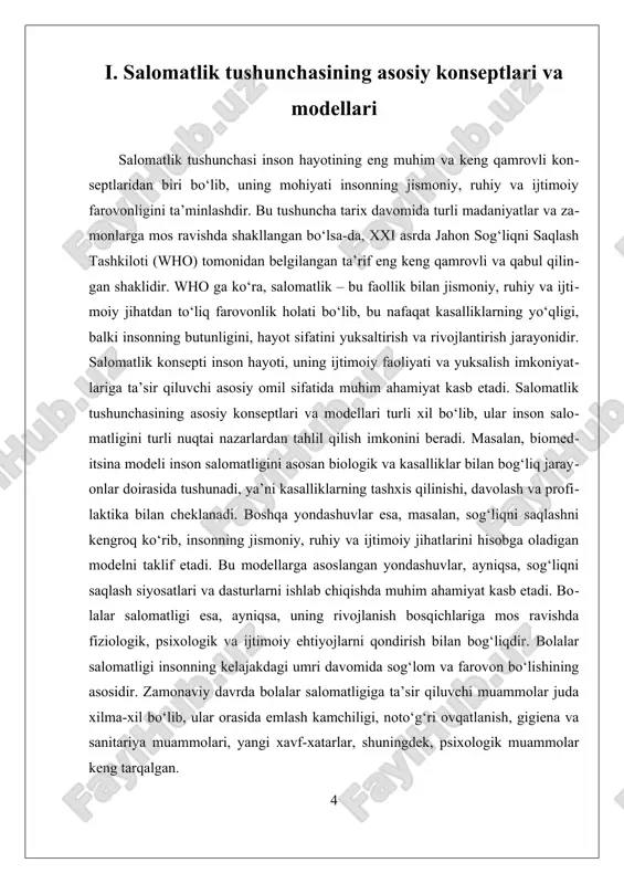 ordam tizimlari bilan hamkorlik qilish, muhitni yaxshilash va oilaviy muhitni qo‘llab-quvvatlash muhim ahamiyat kasb etadi. shunday qilib, salomatlik tushunchasi inson va bolalar salomatligini keng qamrovli va multidisipliner yondashuv bilan tushunishni talab etadi. bu esa, nafaqat tibbiy xizmatlarni takomillashtirish, balki jamoaviy siyosatlarni, ta’lim va ijtimoiy dasturlarni ham rivojlantirishni nazarda tutadi. zamonaviy muammolarni hal qilish uchun esa, ilmiy asoslangan strategiyalar va keng qamrovli yondashuvlar muhim ahamiyat kasb etadi, chunki ular insonning butunligini va hayot sifatini yuksaltirishga xizmat qiladi. salomatlik – bu inson hayotining ajralmas va muhim tarkibiy qismi bo‘lib, u faqat kasallikning yo‘qligi bilan emas, balki jismoniy, ruhiy va ijtimoiy jihatdan to‘liq farovonlik holati bilan ifodalanadi. jahon sog‘liqni saqlash tashkiloti bu tushunchani keng ma’noda talqin qilib, sog‘liqni saqlash sohasidagi ko‘pgina konsepsiyalarning shakllanishiga asos bo‘lgan. salomatlikka doir birinchi konsepsiya uni faqat organizm funksiyalarining to‘g‘ri ishlashi sifatida ko‘radi. bu yondashuvda sog‘liq tibbiy nuqtai nazardan baholanadi, ya’ni inson organizmida kasallik, infeksiya yoki qandaydir buzilishlar mavjud …