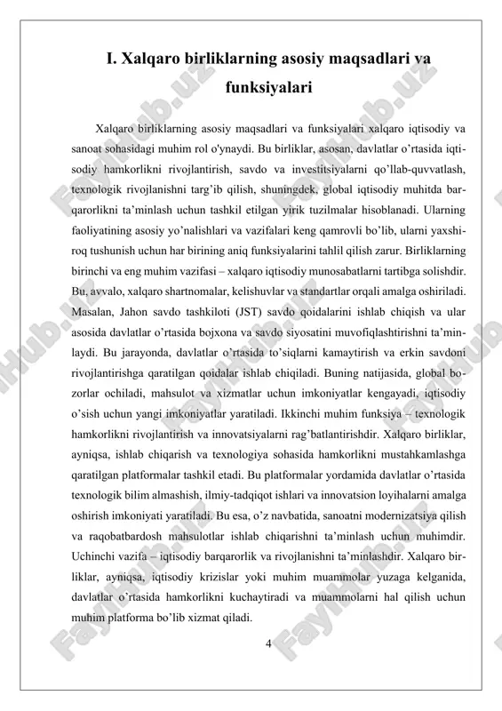 osabatlarni muvofiqlashtirish hamda rivojlanayotgan mamlakatlarga yordam berishdir. ularning faoliyati dunyo iqtisodiyotining barqarorligi va rivojlanishining muhim tayanchi bo’lib, ularni chuqur o’rganish va tashkiliy asoslarini tushunish zamonaviy dunyo iqtisodiyotining muhim qismi hisoblanadi. ii. tashkilotlar orasidagi hamkorlik va standartlar muhimligi tashkilotlar orasidagi hamkorlik va standartlar muhimligi xalqaro sanoat birliklarining samarali faoliyat yuritishi uchun asosiy omillardan biridir. bu muhim elementlar, birinchi navbatda, davlatlar va xalqaro tashkilotlar o‘rtasida ishonch va hamjihatlikni mustahkamlashda xizmat qiladi. standartlar va hamkorlik mexanizmlari orqali erishiladigan tartib-intizom, xalqaro savdo va iqtisodiy aloqalarni soddalashtiradi, shuningdek, global iqtisodiy muhitda xavfsizlik va barqarorlikni ta’minlaydi. biror jarayon yoki mahsulot uchun yagona xalqaro standartlarning joriy etilishi, ishlab chiqarish jarayonlarining samaradorligini oshiradi va mahsulot sifatini nazorat qilishda yengillik yaratadi. masalan, iso (xalqaro standartlar tashkiloti) va boshqa standartlar ishlab chiqaruvchilarga mahsulot va xizmatlar uchun umumiy qoidalar va mezonlarni belgilash imkonini beradi. bu esa, o‘z navbatida, bozorlararo raqobatni oshiradi, xaridorlar uchun sifati kafolatlangan mahsulotlarni taqdim etishni ta’minlaydi. standartlar nafaqat …