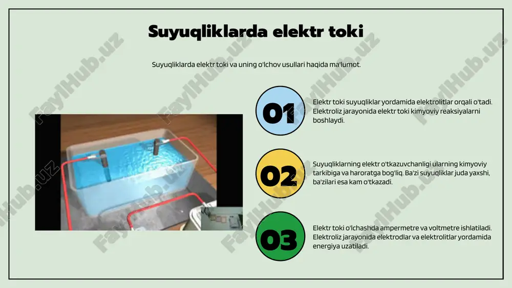 oatdagi qo‘llanilishi elektroliz metall ishlab chiqarish, tozalashda keng qo‘llaniladi, masalan, mis va alyuminiy ishlab chiqarishda javob beradi. ekologik va iqtisodiy afzalliklar elektroliz ekologik toza, energiya tejovchi bo‘lib, ishlab chiqarish xarajatlarini kamaytiradi, shuningdek, resurslarni samarali ishlatishga imkon beradi. photo by boesijana on unsplash elektroliz jarayonining kelajagi elektroliz texnologiyalarining rivojlanishi bilan, energiya samaradorligi va ekologik xavfsizlik yuqori darajaga ko'tarilmoqda. yangi materiallar va innovatsion usullar yordamida elektroliz jarayonining samaradorligi oshirilmoqda va ishlab chiqarish xarajatlari kamaymoqda. kelajakda elektroliz texnologiyalari quyosh va shamol energiyasini keng qo’llash bilan yanada rivojlanadi. innovatsion yondashuvlar orqali, yuqori samarali elektrolizatorlar va energiya saqlash texnologiyalari ishlab chiqilmoqda, bu esa vodorod ishlab chiqarishni iqtisodiy va barqaror qiladi. photo by bermix studio on unsplash xulosa elektr toki, faradey qonunlari va elektrolizning muhimligi elektr toki va faradey qonunlari suyuqliklar va elektrolitlar o'rtasidagi kimyoviy va fizikaviy jarayonlarni tushunishda asosiy rol o'ynaydi. bu qonunlar sanoat, energiya va kimyo sohalarida keng qo'llaniladi. elektroliz va unga oid tadqiqotlar …