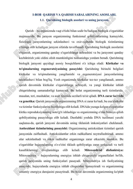 ri esa elastikligini yo'qotadi, bu esa qon aylanishining pasayishiga va qon bosimining oshishiga olib keladi. bu holatlar yurak-qon tomir kasalliklari xavfini oshiradi. immun tizimining zaiflashishi: qarish bilan birga immun tizimi zaiflashadi, bu esa organizmning infeksiyalarga va kasalliklarga qarshi kurashish qobiliyatini pasaytiradi. immun tizimining samaradorligining pasayishi qarishning asosiy belgilari bo'lib, organizmning o'zini himoya qilish qobiliyatining kamayishiga olib keladi. qarish jarayoni murakkab va ko'plab tizimlarni o'z ichiga oladi. bu jarayon biologik jihatdan butun organizmning davomiy o'zgarishlar, qobiliyatlar va zaiflashishlarni o'zida aks ettiradi. har bir individuallar qarish jarayonini boshqacha o'tkazadi, ammo bu jarayonlarni kechiktirish yoki oldini olishning ilmiy asoslari rivojlanayotgan sohalardir. qarish, biologik nuqtai nazardan, organizmda vaqt o'tishi bilan yuzaga keladigan o'zgarishlar majmuasidir. bu jarayon organizmning funksional imkoniyatlarini kamaytiradi, fiziologik jarayonlarni sekinlashtiradi va oxir-oqibatda biologik tizimlarning ishlashining to'xtashiga olib keladi. qarishning biologik asoslarini o'rganish orqali organizmda qanday o'zgarishlar sodir bo'lishini va bu jarayonni qanday kechiktirish yoki oldini olish mumkinligini tushunish mumkin. qarish jarayonida …